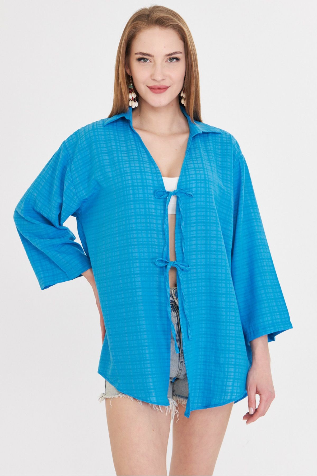 Kadın Mavi Gömlek Yakalı Önden Bağcıklı Kimono Gömlek ARM-25K001006