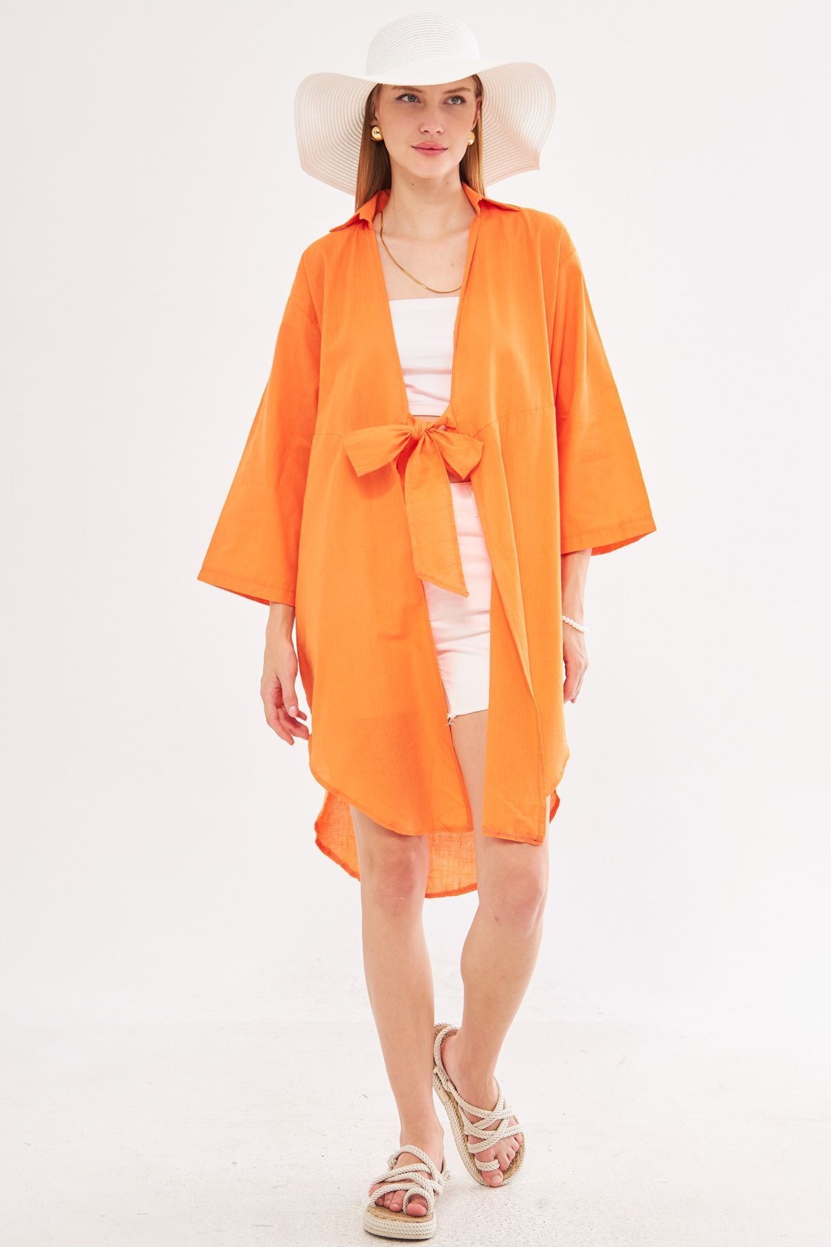 Kadın Turuncu Önden Bağlamalı İnce Keten Kumaş Midi Boy Kimono Gömlek ARM-24Y001081
