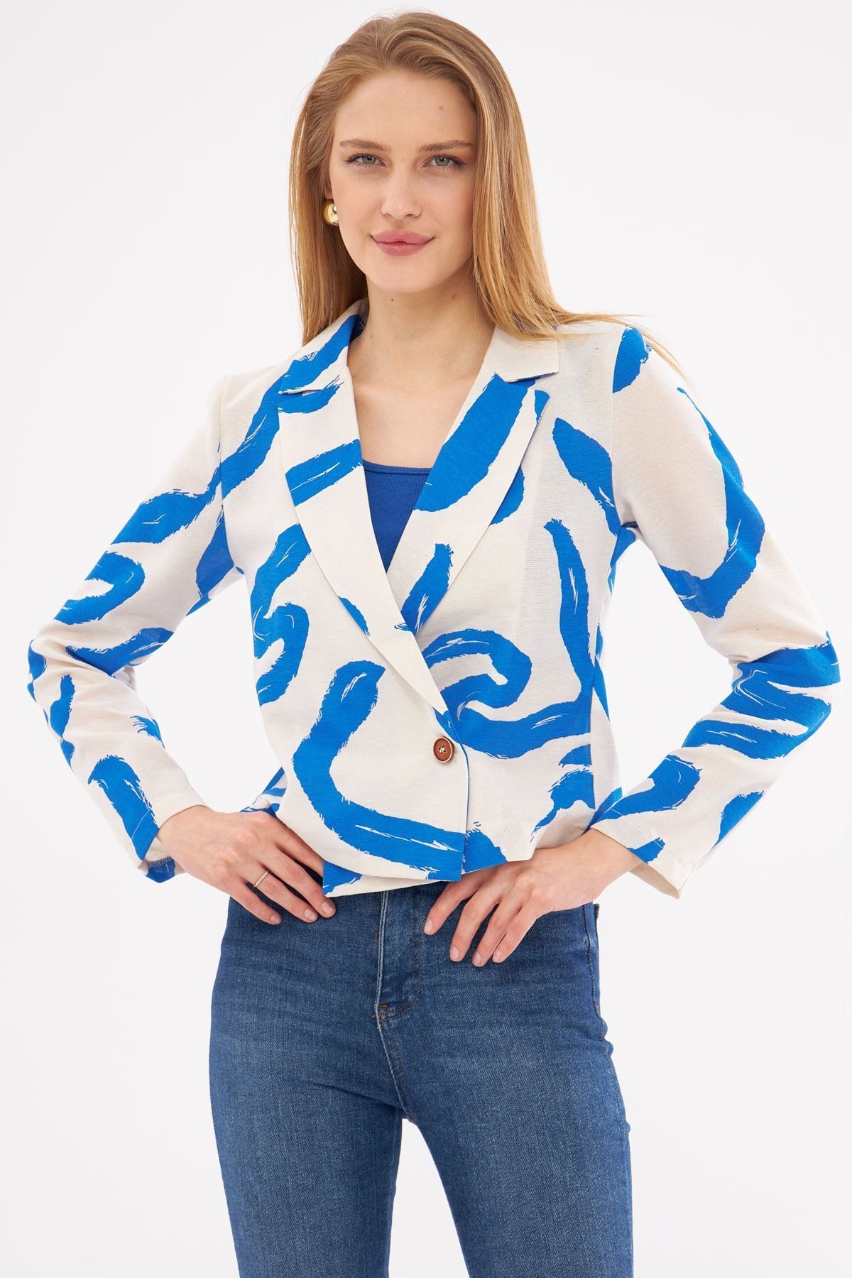 Kadın Saks Kruvaze Yaka Desenli Crop Ceket ARM-24Y001058