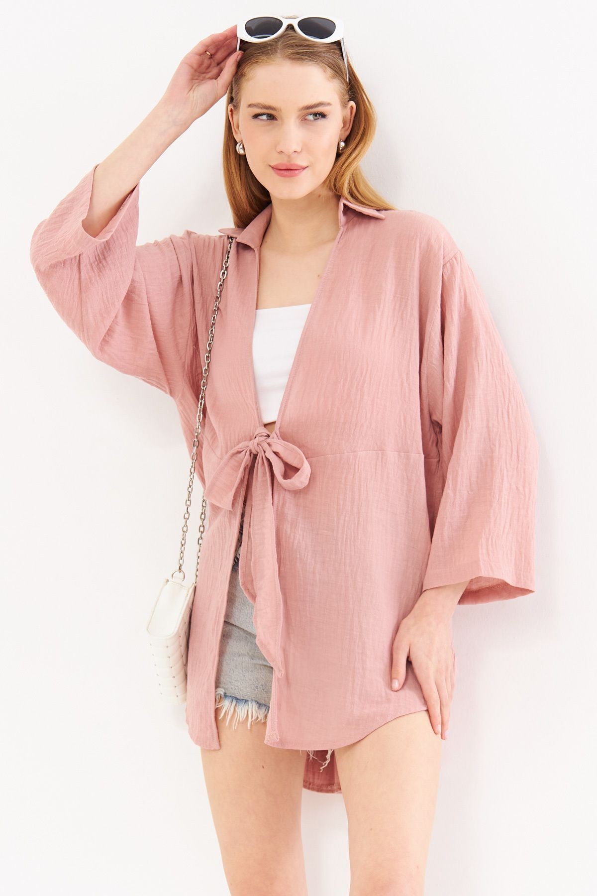 Kadın Gül Kurusu Keten Görünümlü Önden Bağlamalı Kimono Gömlek ARM-24Y001063