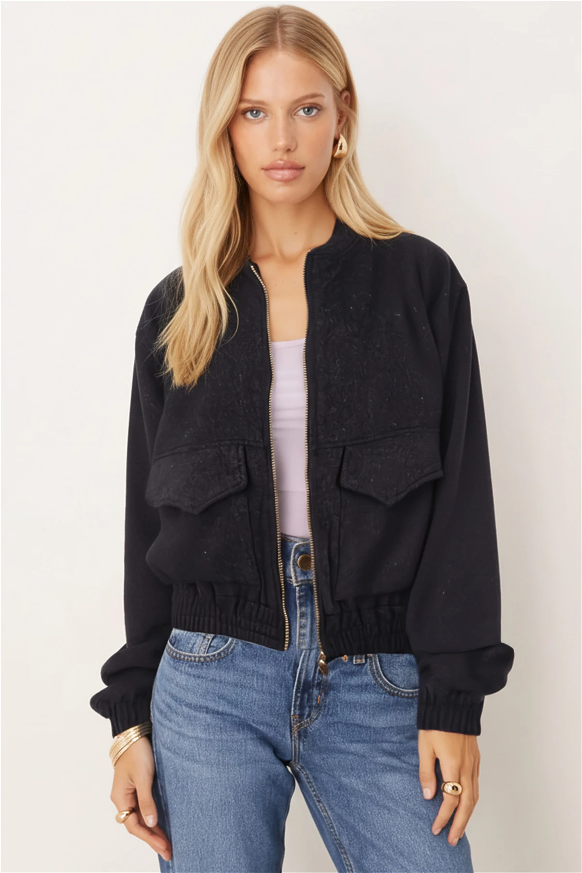 Kadın Antrasit Cepli Kolları Ve Beli Lastikli Bomber Kaşe Mont ARM-26K001027