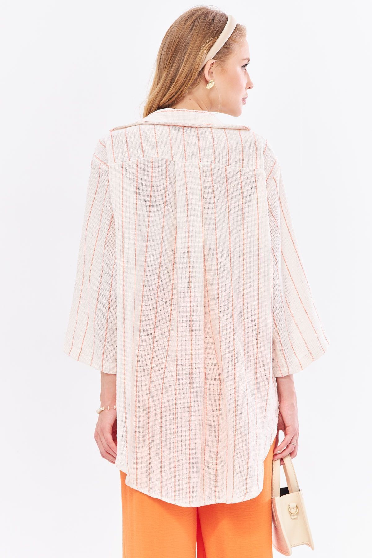 Kadın Açık Turuncu Çizgili Önden Bağlamalı Kimono Gömlek ARM-24Y001091