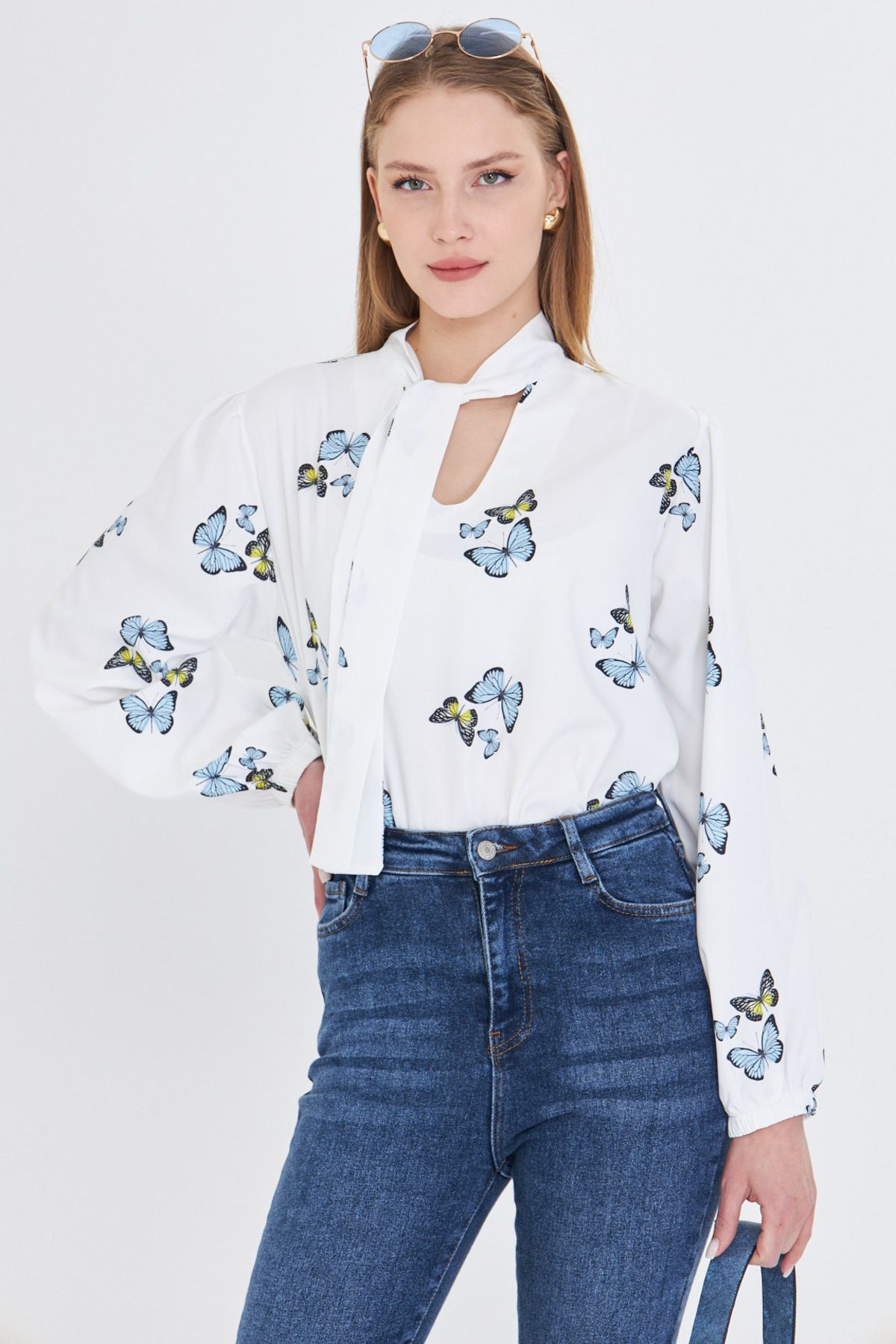 Kadın Bebe Mavi Yakası Bağlamalı Kolu Lastikli Bluz ARM-25K001096