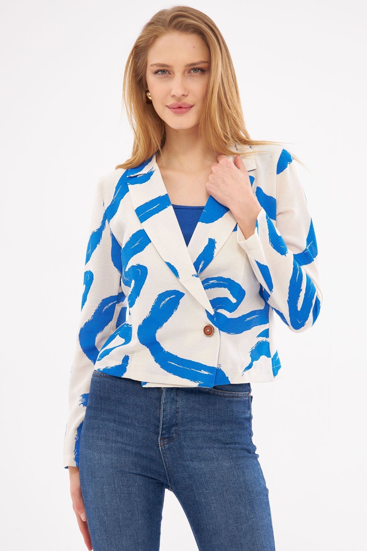 Kadın Saks Kruvaze Yaka Desenli Crop Ceket ARM-24Y001058