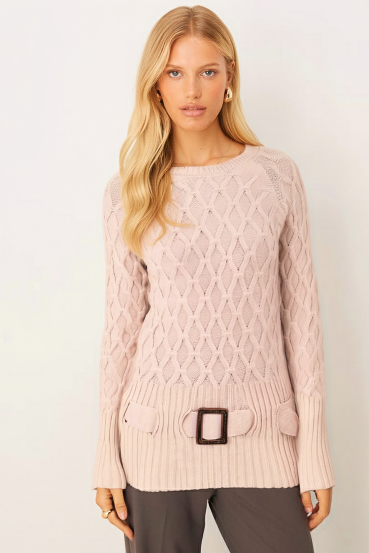 Kadın Taş Baklava Desen Kemer Detaylı Triko Kazak ARM-26K136050