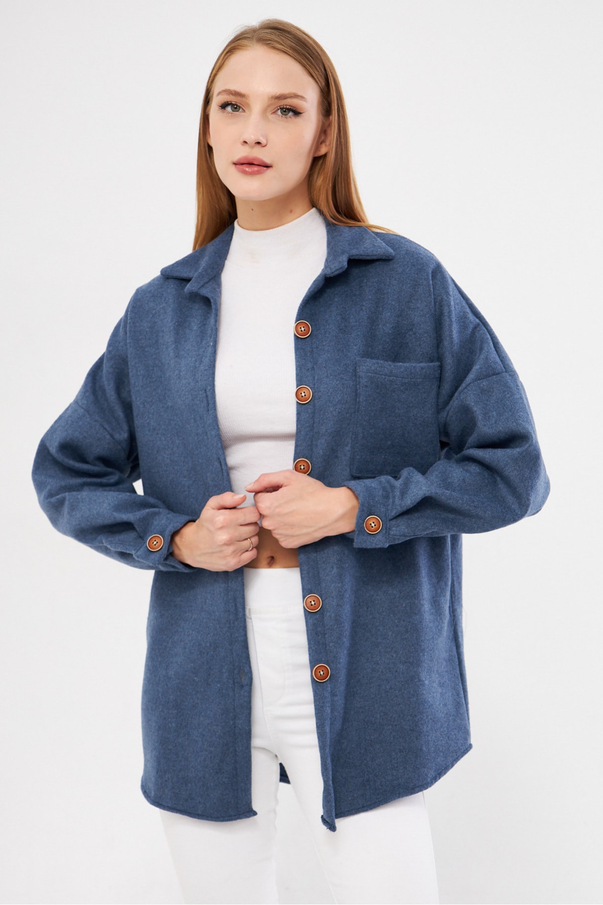 Kadın Koyu Mavi Oversize Kaşe Cepli Gömlek ARM-22Y001156