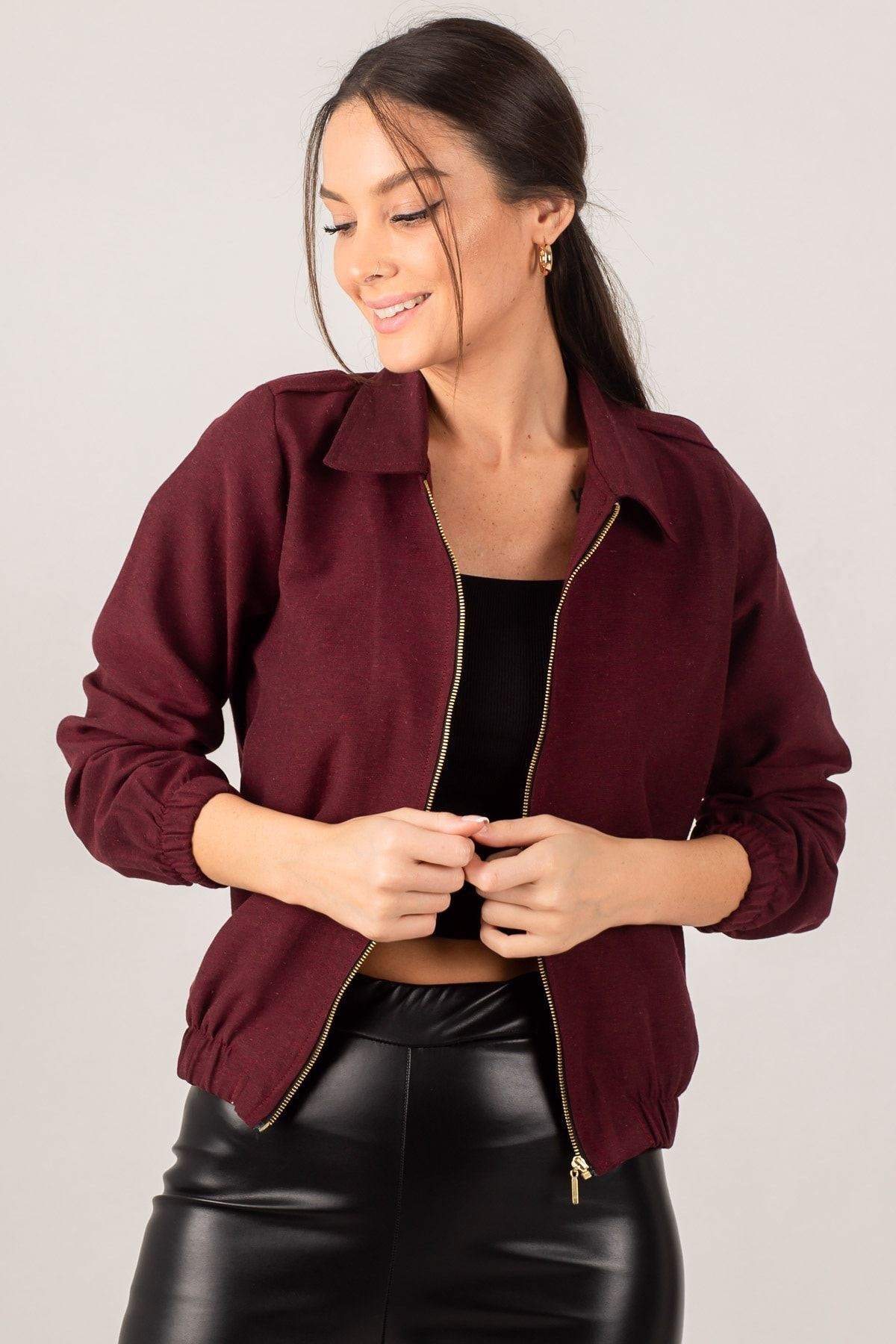 Kadın Bordo Önü Fermuarlı Gabardin Mont ARM-22K001068