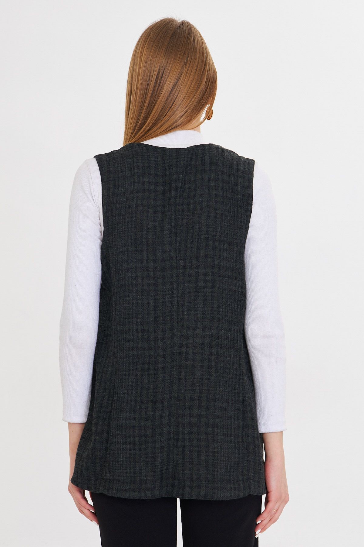 Kadın Haki V Yaka Tek Düğmeli Oversize Desenli Yelek ARM-25K001110