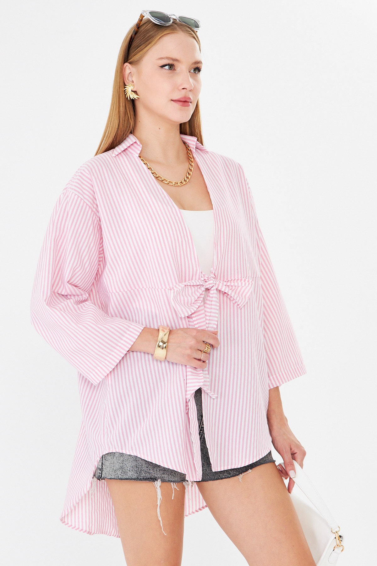 Kadın Pembe Çizgili Önden Bağlamalı Kimono Gömlek ARM-25Y001085