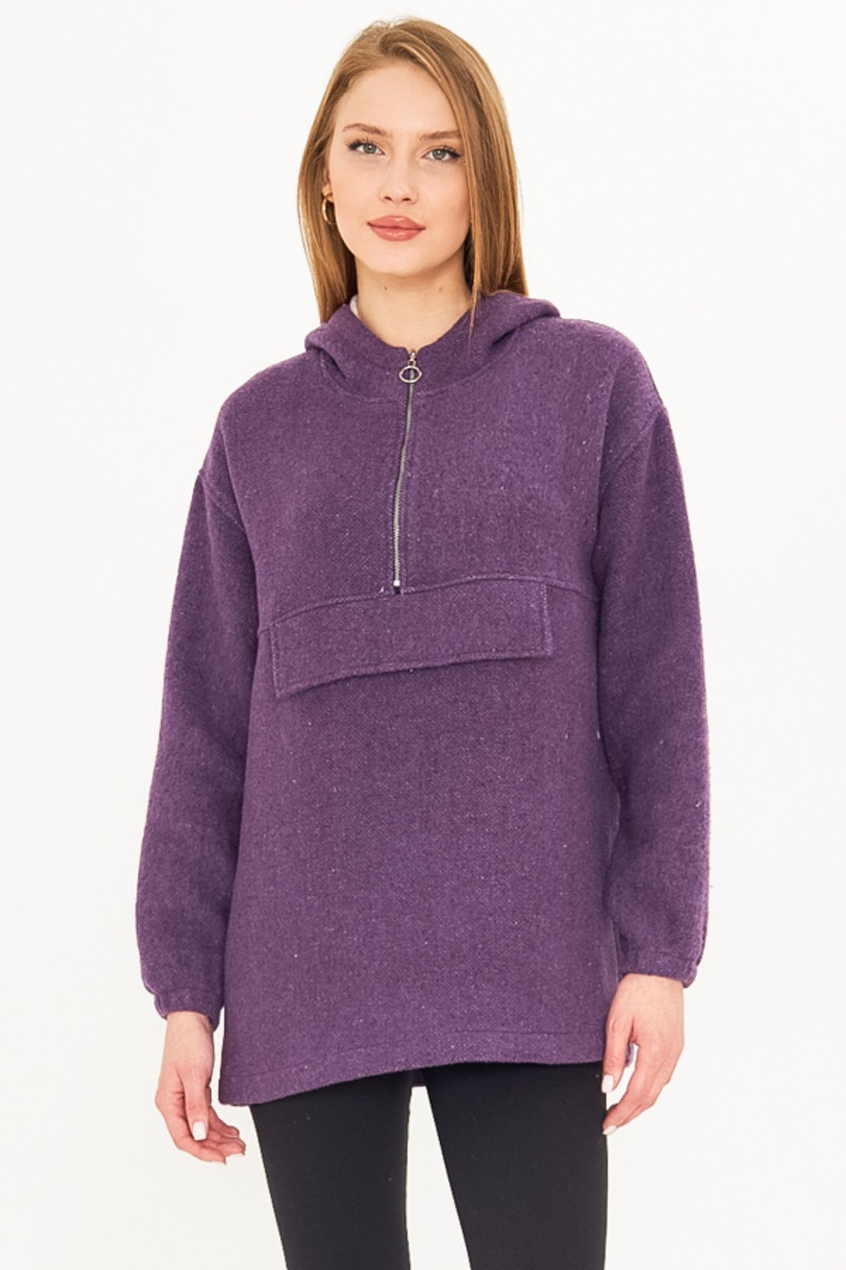 Kadın Mor Kapüşonlu Cep Kapaklı Kaşe Sweatshirt ARM-25K001097