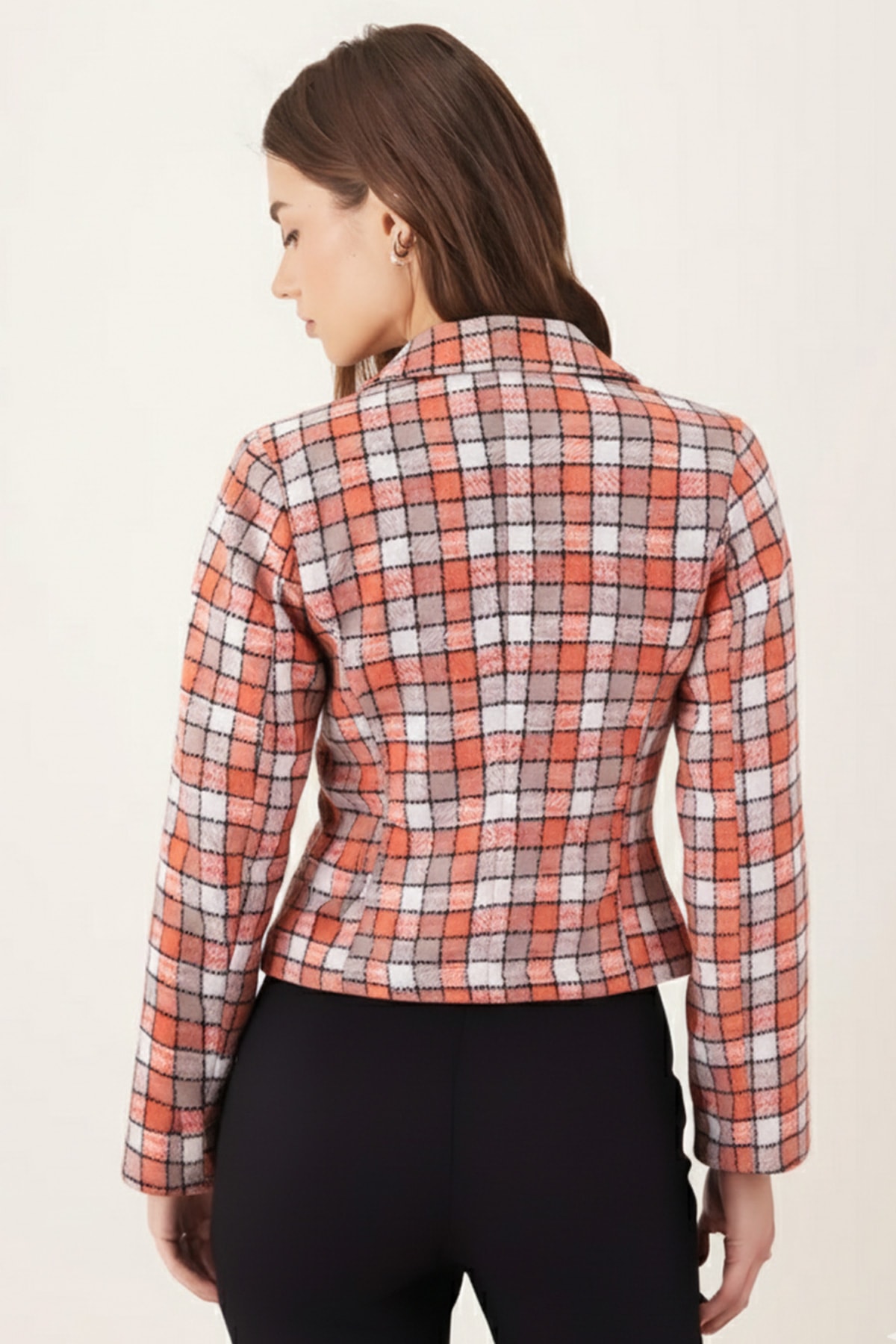 Kadın Turuncu-Bej Kruvaze Yaka Tüvit Crop Ceket ARM-24K001014