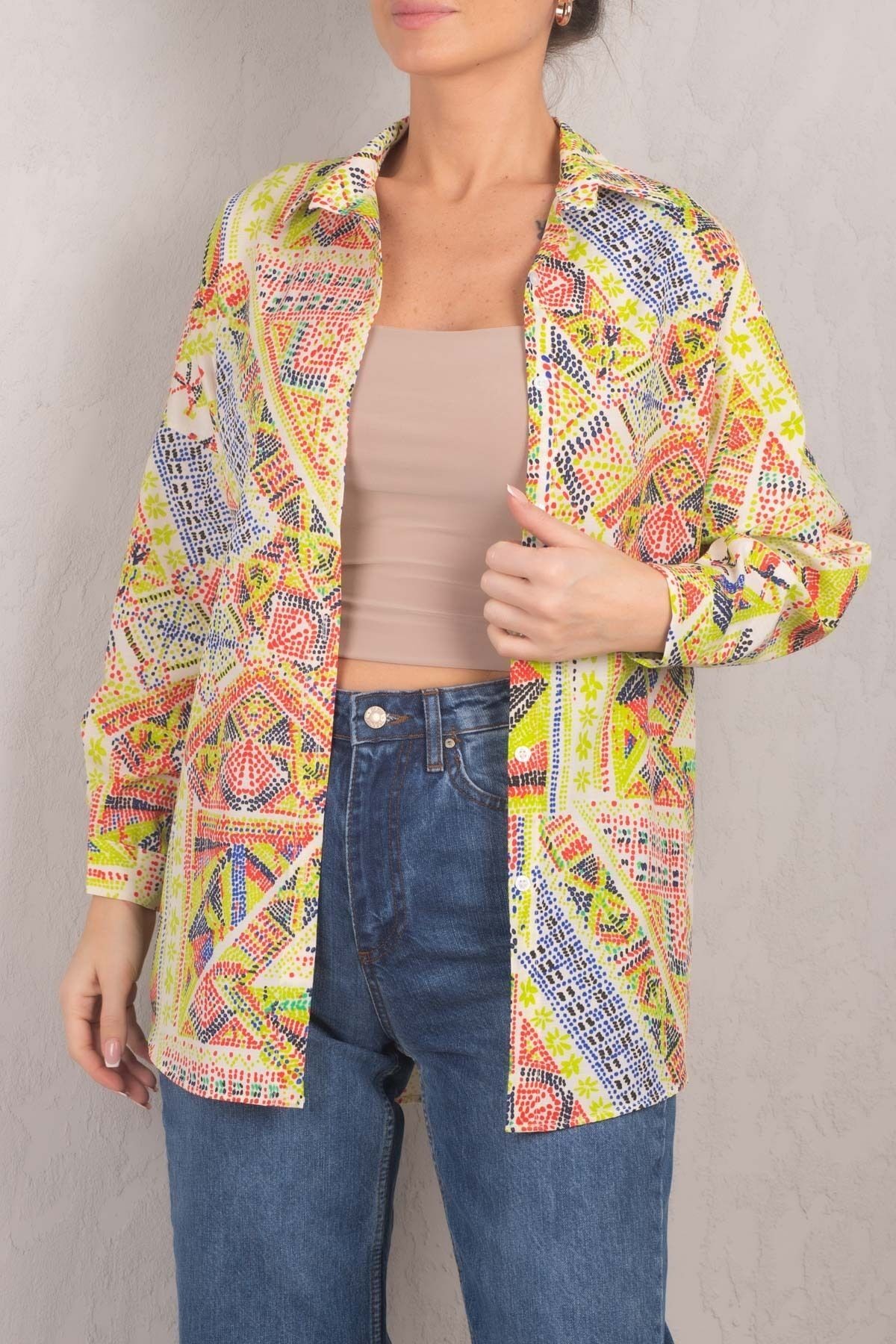 Kadın Fıstık Yeşili Desenli Oversize Uzun Basic Gömlek ARM-22Y001148