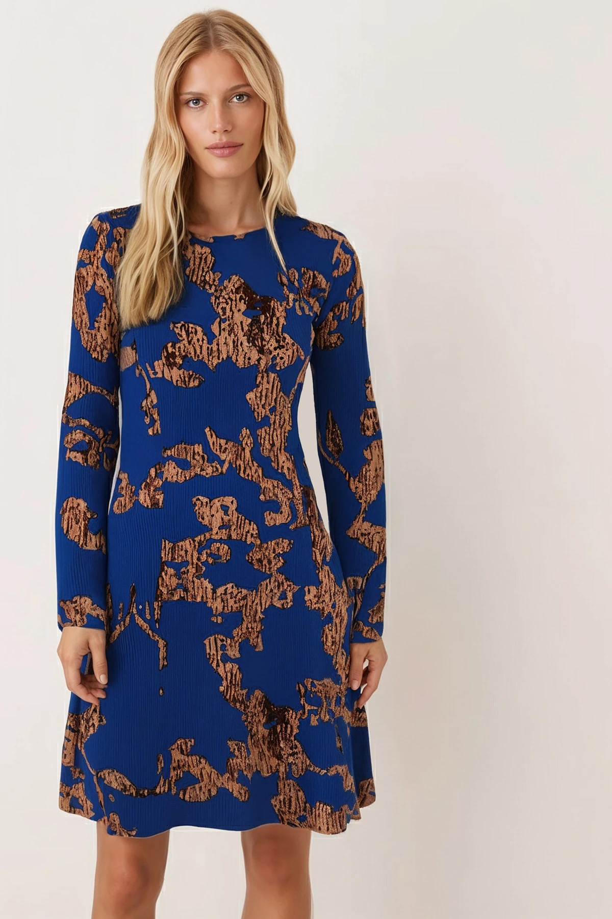 Kadın Mavi-Bej Sıfır Yaka Uzun Kollu Elbise ARM-26K001029