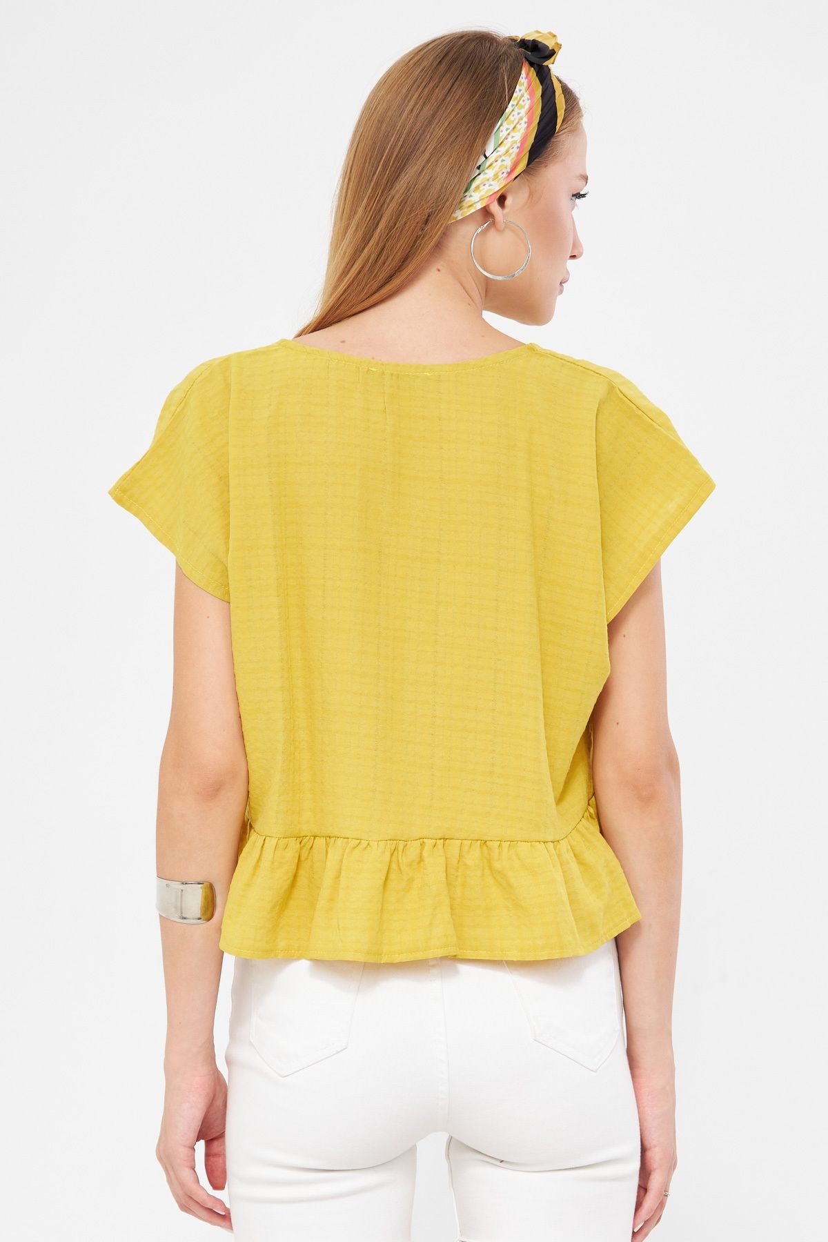 Kadın Yağ Yeşili Yarasa Kol Yakası Bağlamalı Eteği Fırfırlı Oversize Crop Bluz ARM-24Y001088