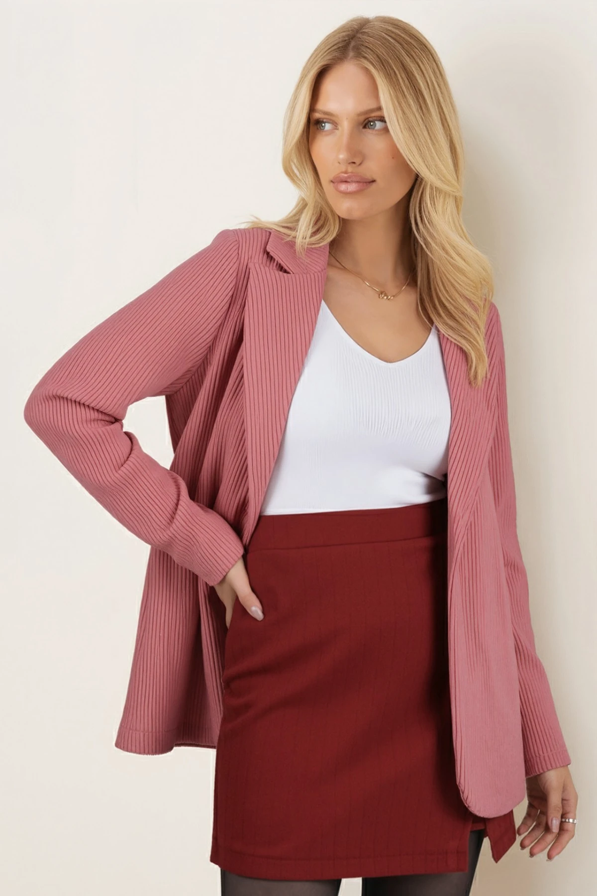 Kadın Pembe Tek Düğmeli Kadife Ceket ARM-24K001043