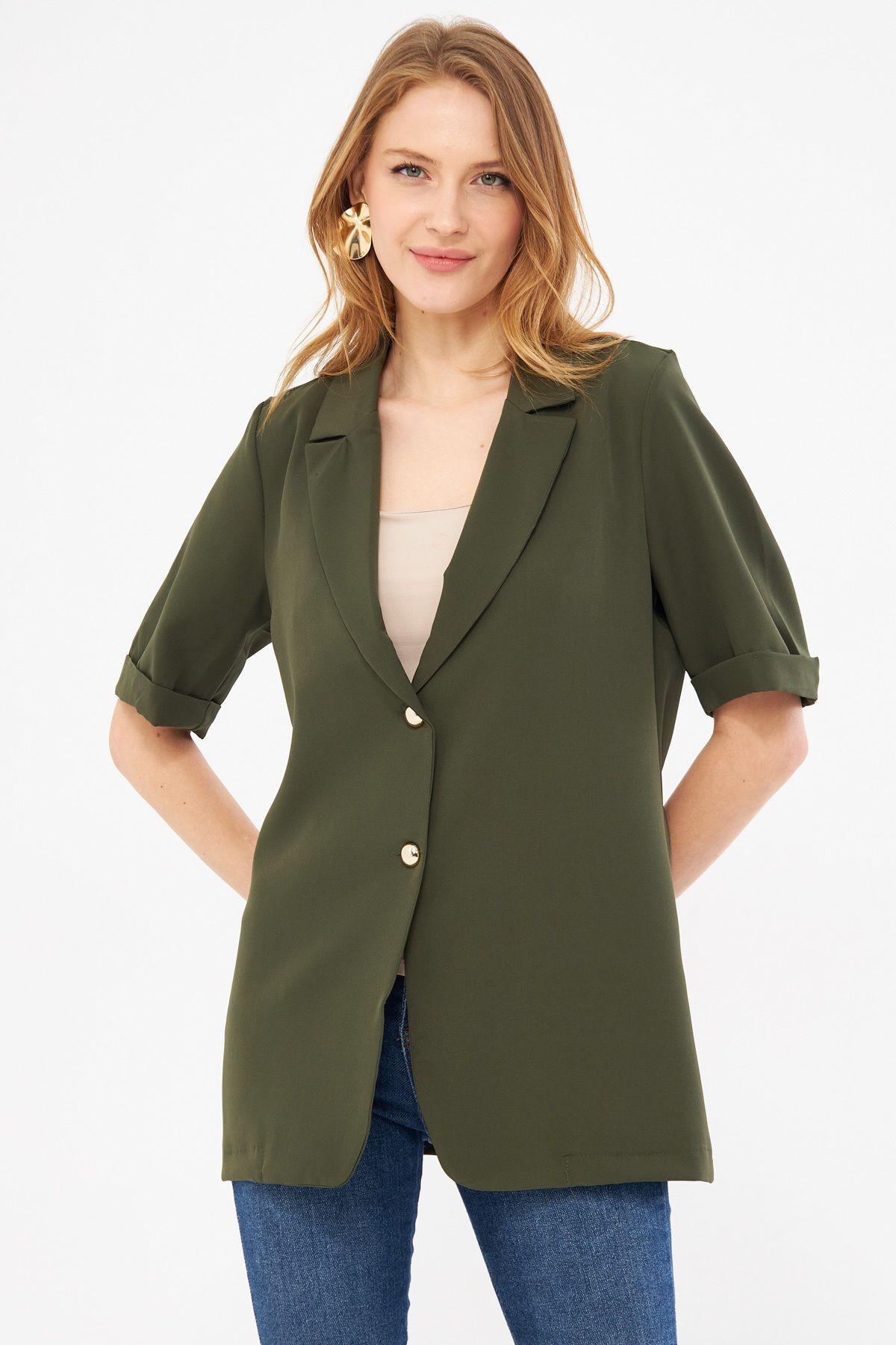 Kadın Haki Kısa Kol İki Düğmeli Oversize Ceket ARM-23Y001034