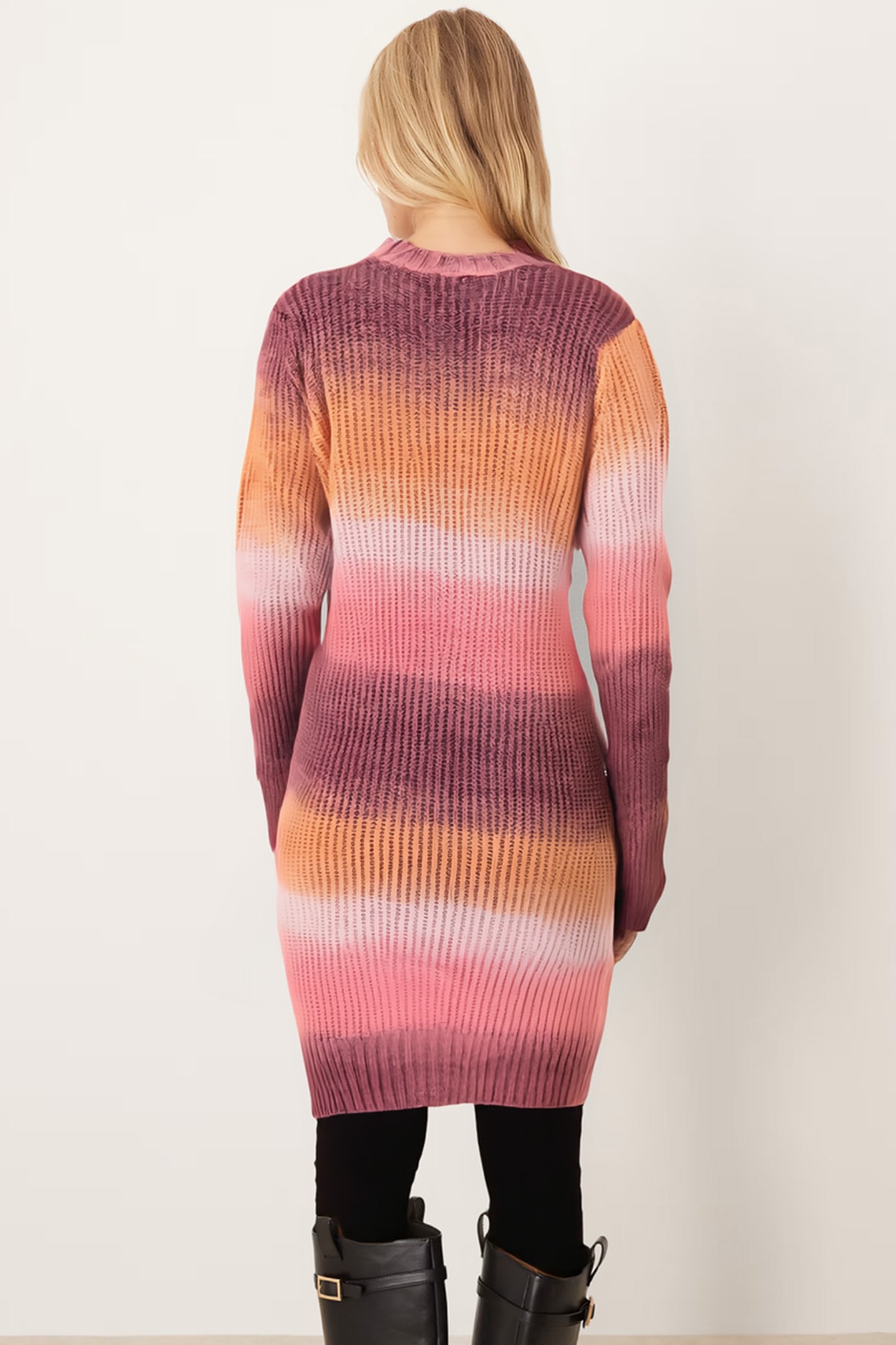 Kadın Gül Kurusu Bisiklet Yaka Renkli Triko Elbise ARM-26K136029