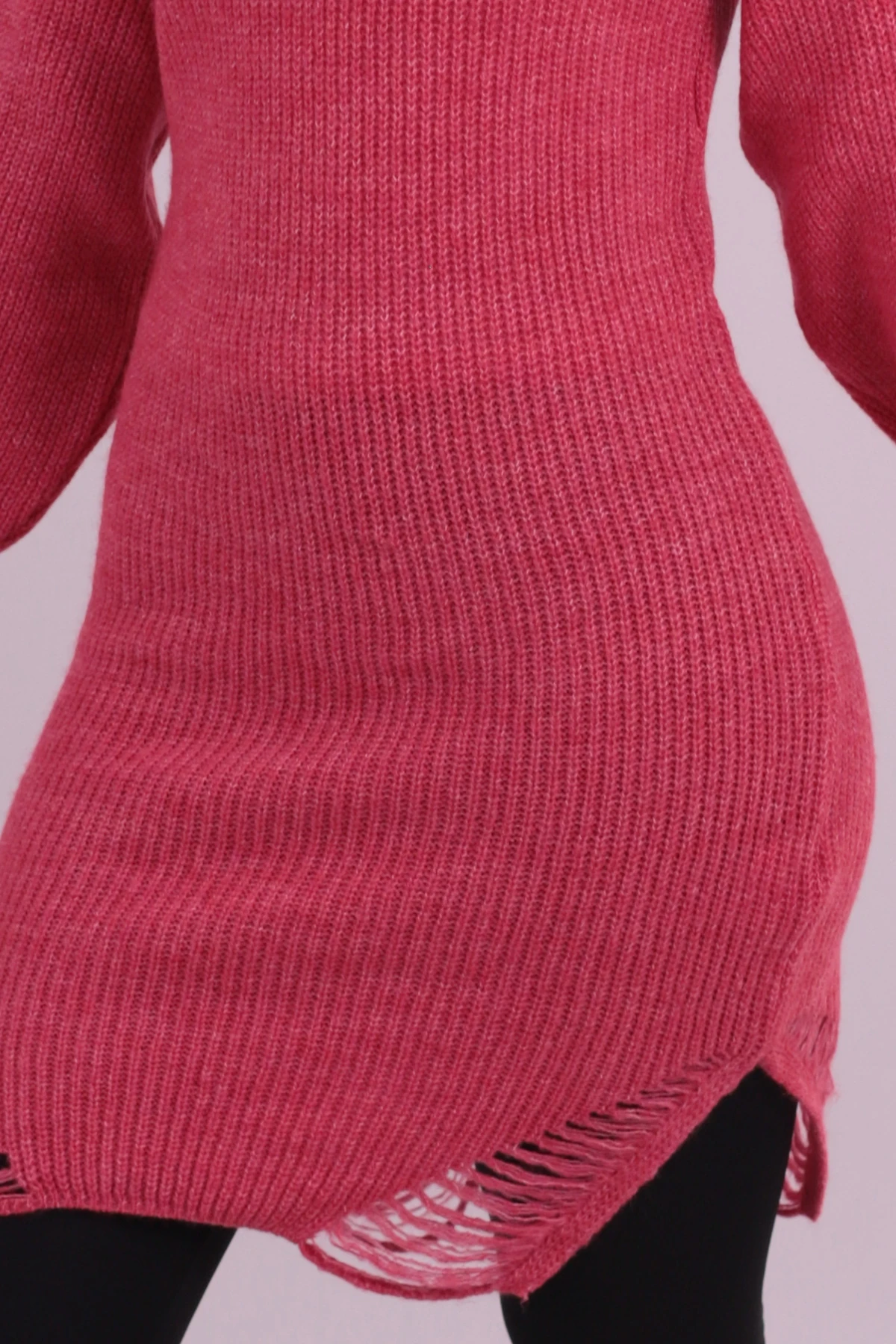Kadın Fuşya V Yaka Etek Ucu Yırtıklı Triko Elbise ARM-26K136008