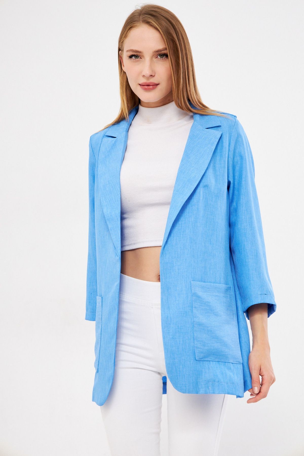 Kadın Mavi Cepli Oversize Ceket ARM-24Y001115