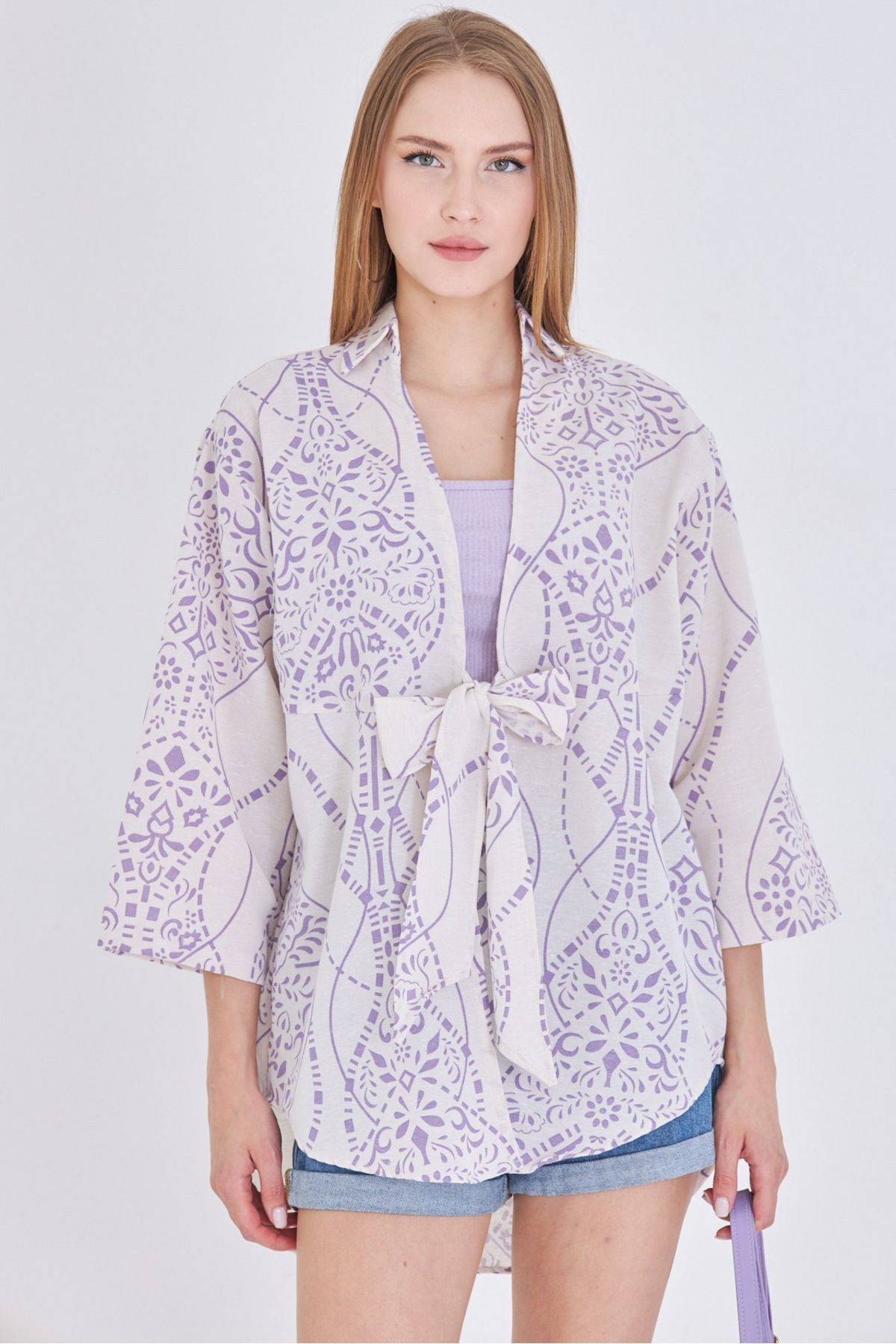 Kadın Eflatun Desenli Keten Görünümlü Önden Bağlamalı Kimono Gömlek ARM-24Y001079