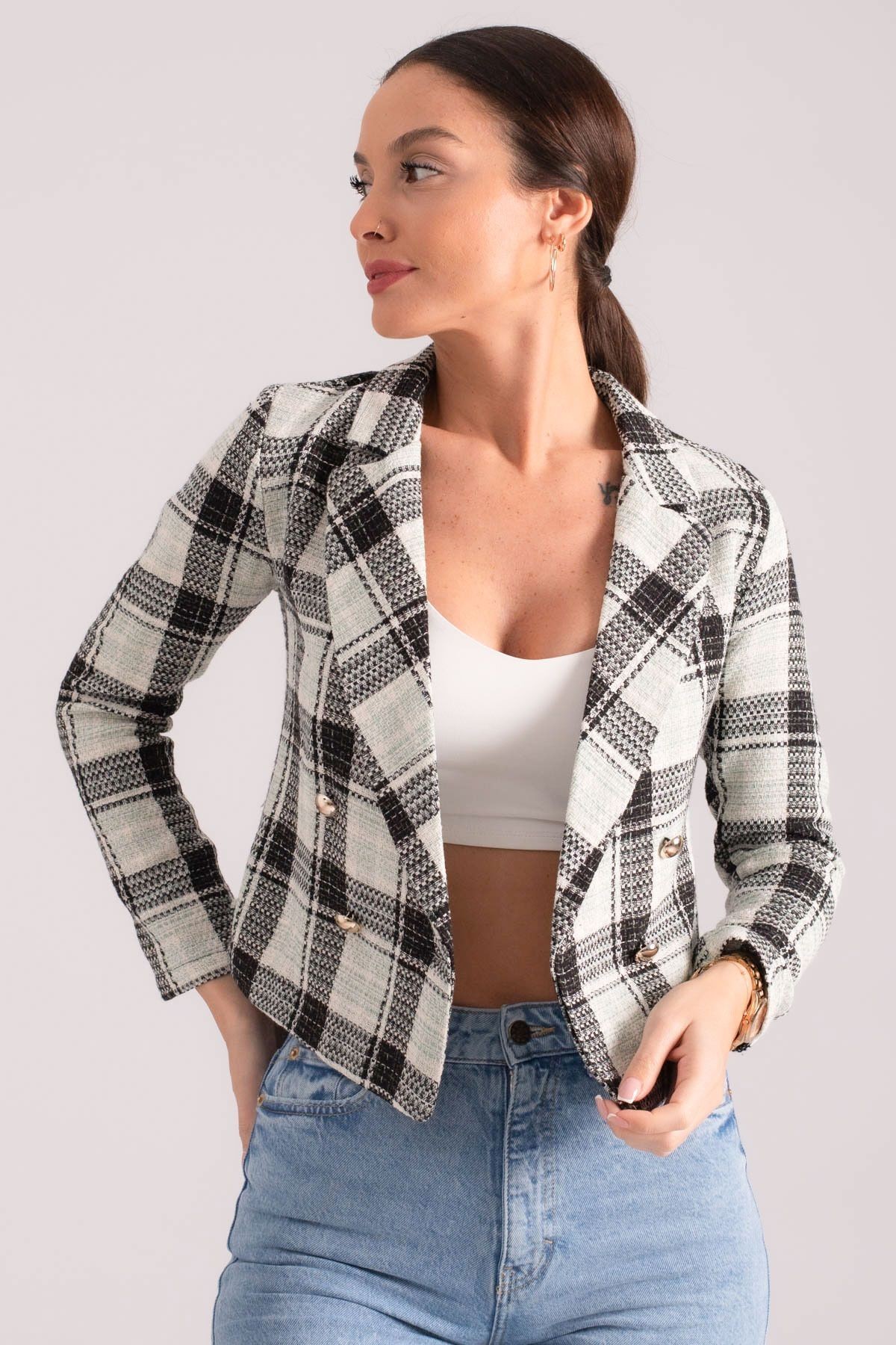Kadın Açık Mint Kruvaze Yaka Tüvit Crop Ceket ARM-24K001014