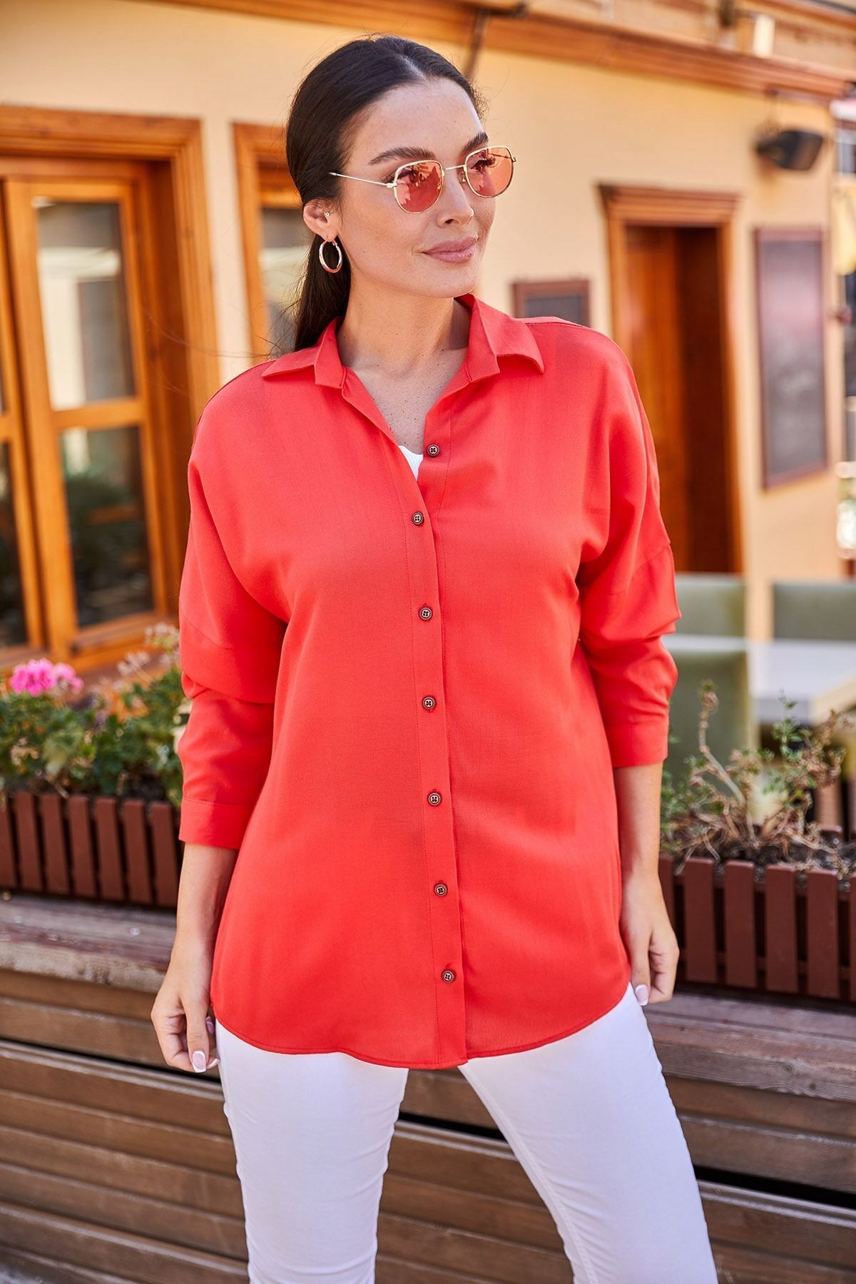 Kadın Kırmızı Oversize Uzun Basic Gömlek