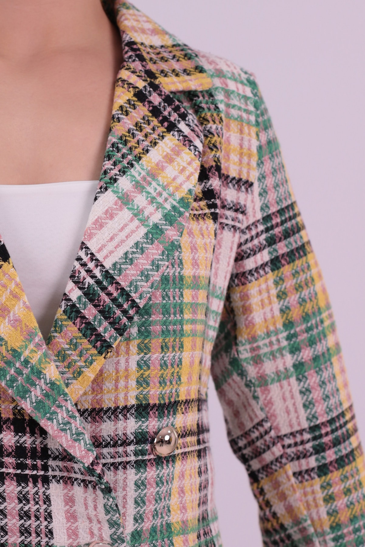 Kadın Gülkurusu-Yeşil Kruvaze Yaka Tüvit Crop Ceket ARM-24K001014