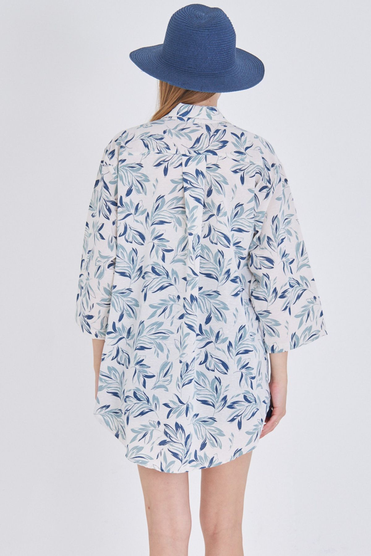 Kadın Açık Mint Desenli Keten Görünümlü Önden Bağlamalı Kimono Gömlek ARM-24Y001079