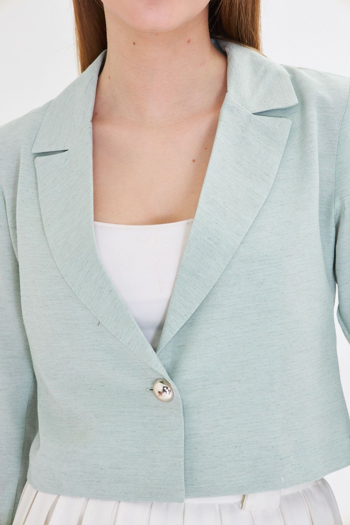 Kadın Mint Tek Düğmeli Crop Ceket Arm-23y001064