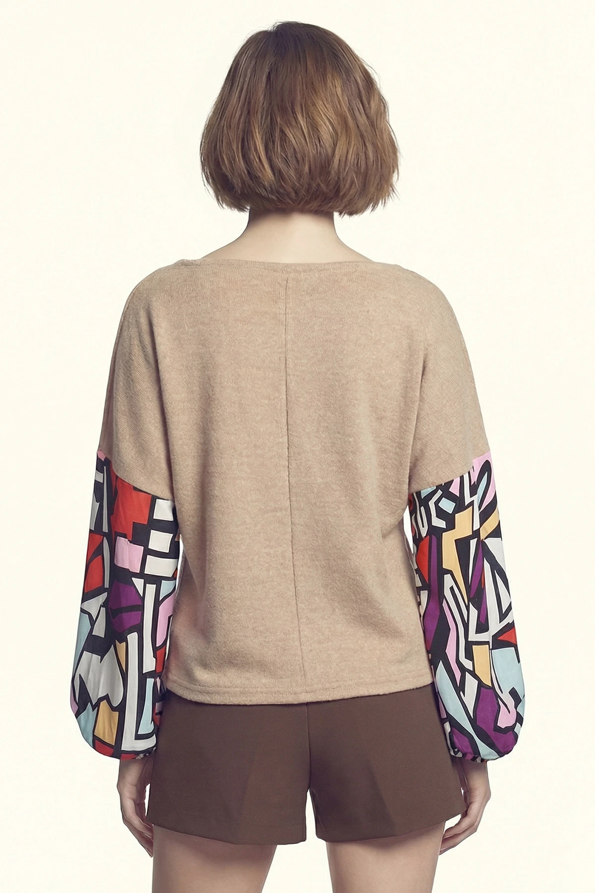 Kadın Bej Kolu Renkli Salaş Bluz ARM-20K001085