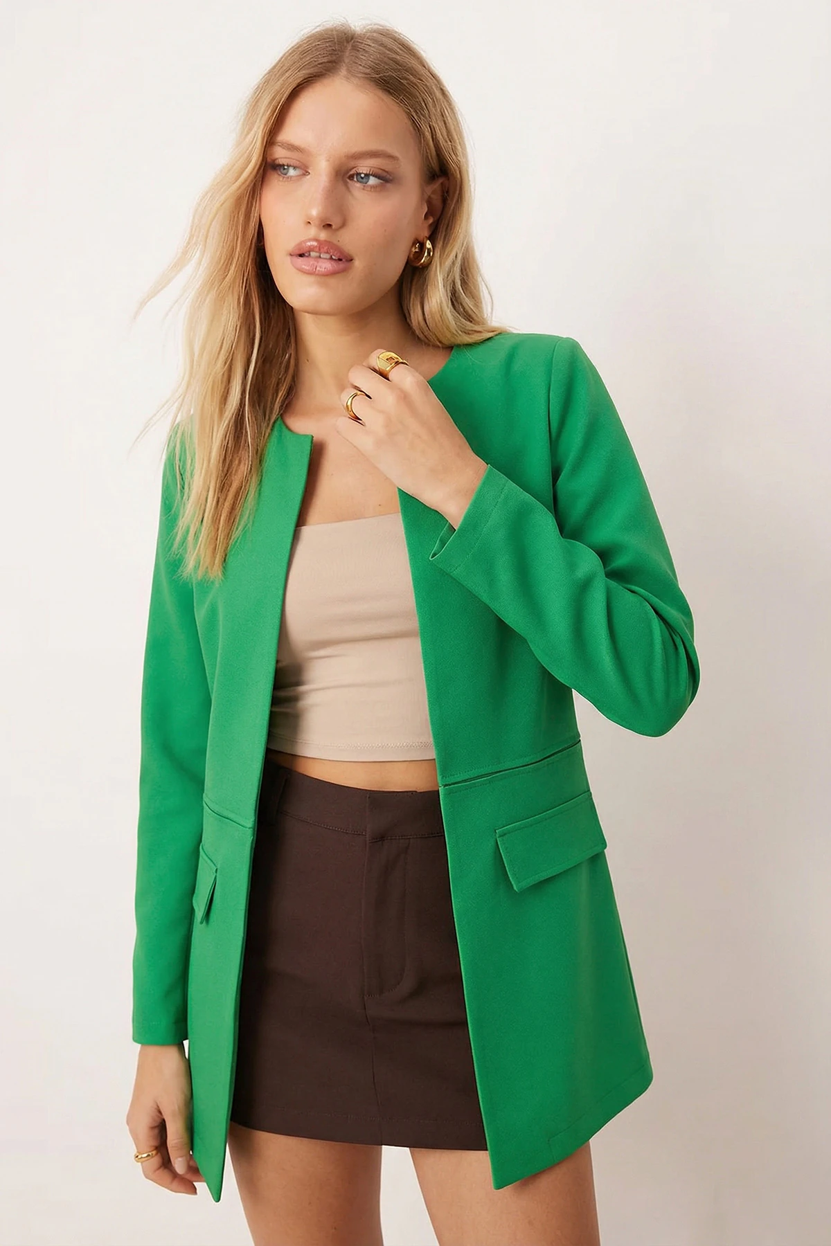 Kadın Yeşil Beli Dikişli Uzun Ceket ARM-26K001017