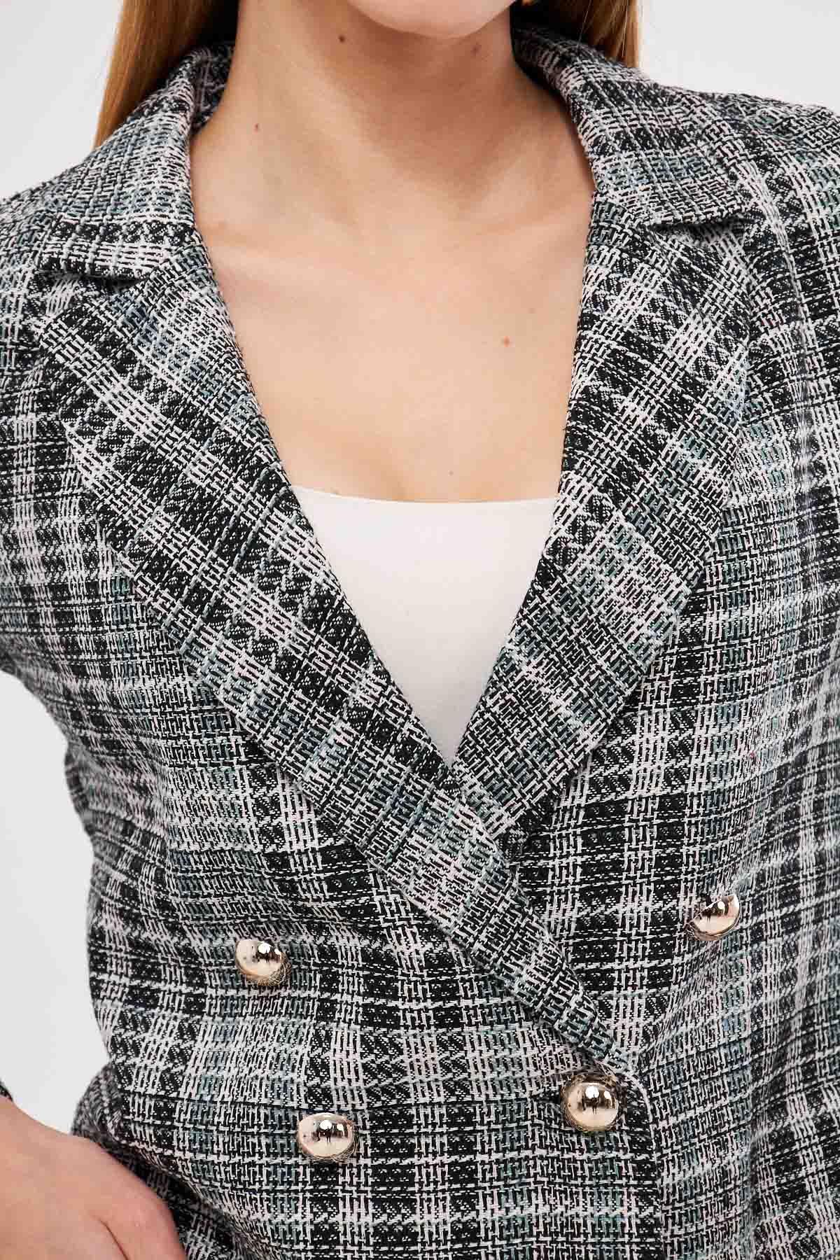 Kadın Turkuaz-Beyaz Kruvaze Yaka Tüvit Crop Ceket ARM-24K001014