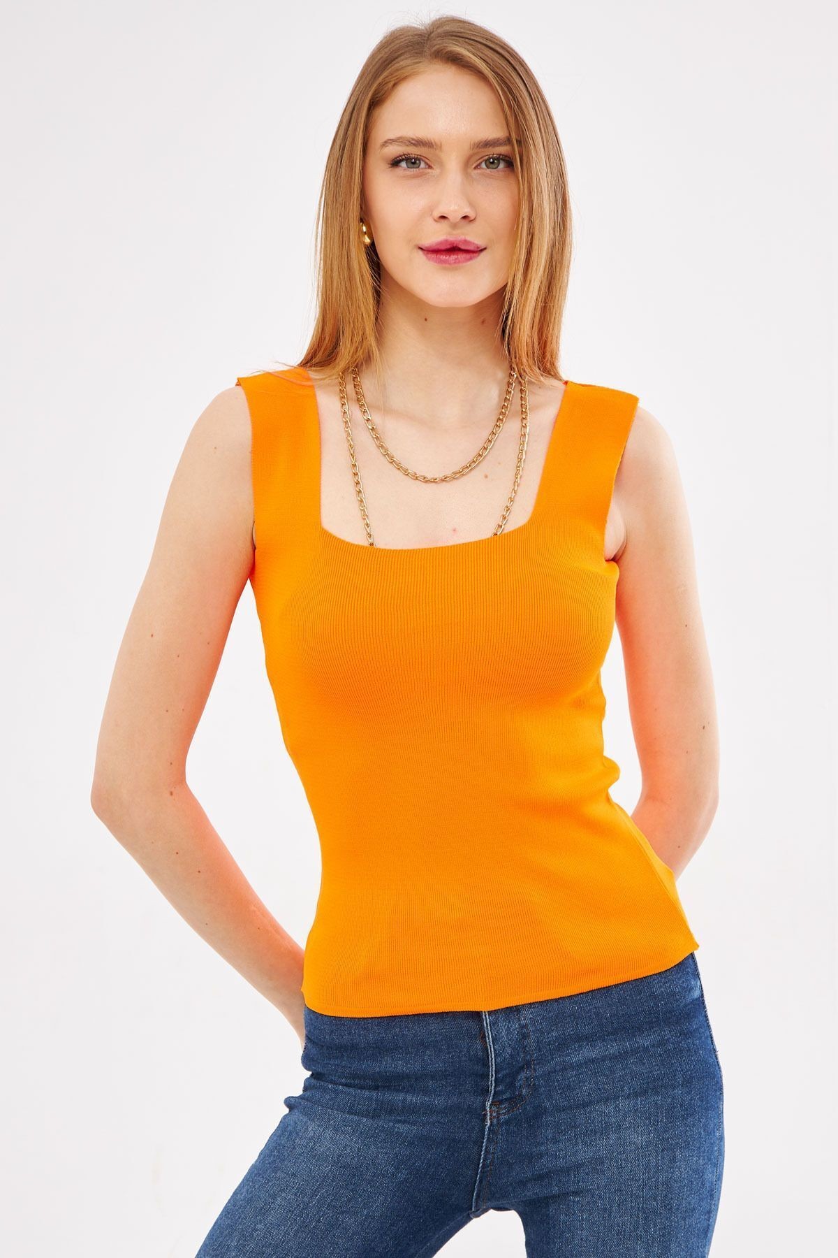Kadın Neon Turuncu Kalın Askılı Kaşkorse Bluz ARM-23Y069001