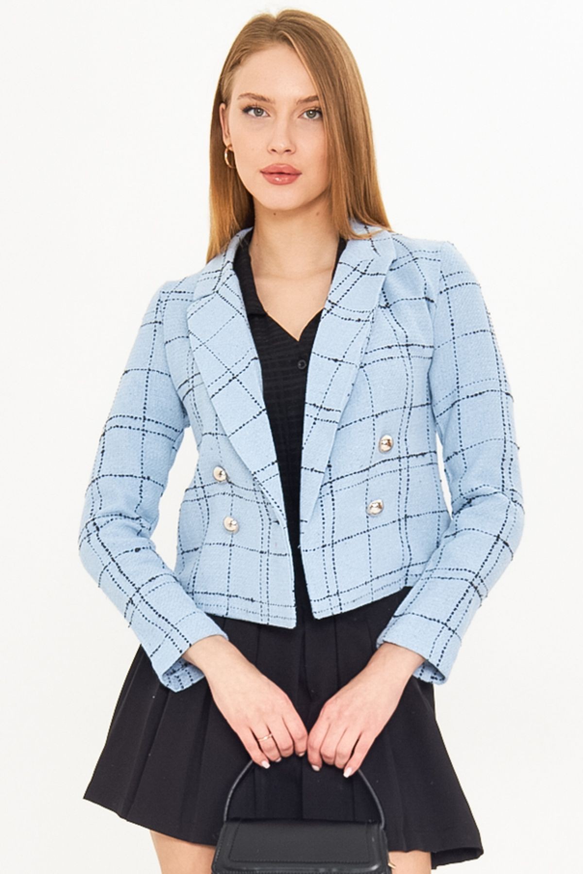 Kadın Mavi-Siyah Kruvaze Yaka Tüvit Crop Ceket ARM-24K001014