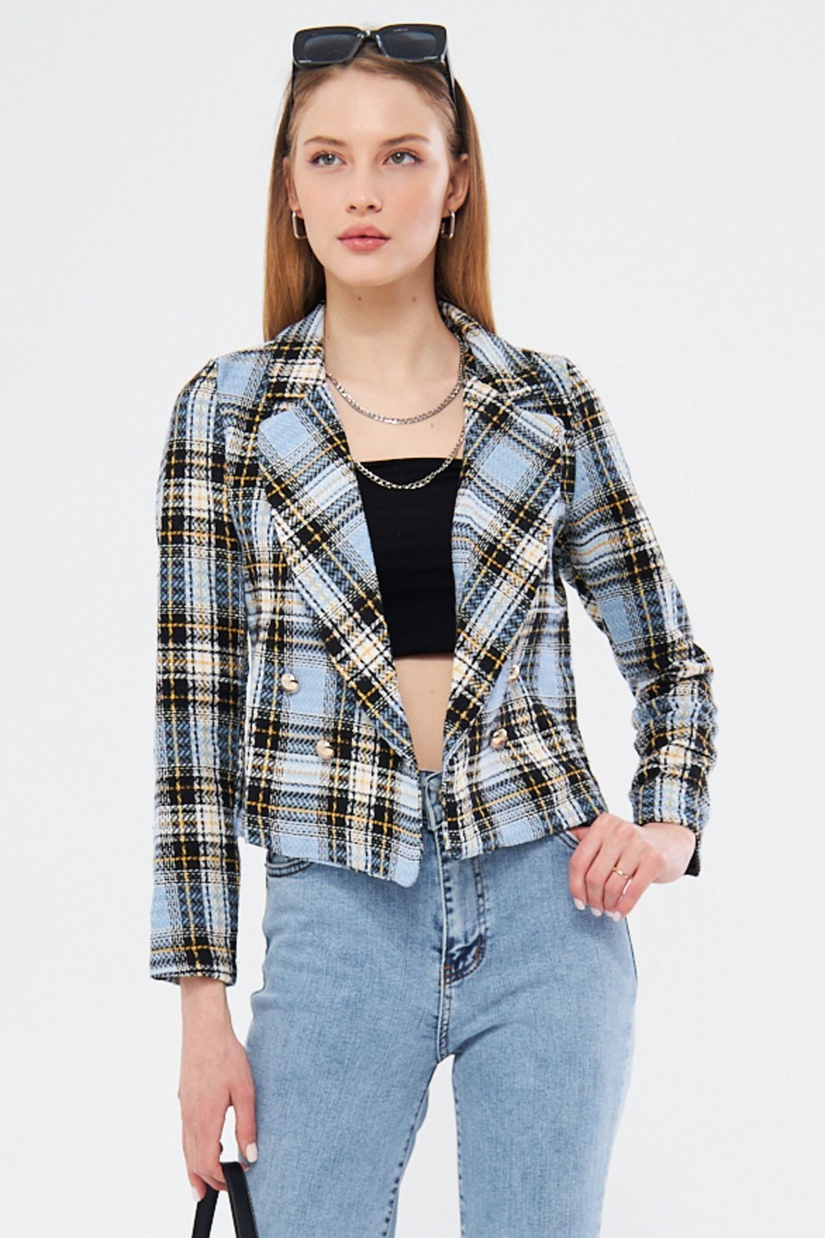Kadın Bebe Mavi Kruvaze Yaka Tüvit Crop Ceket ARM-24K001014