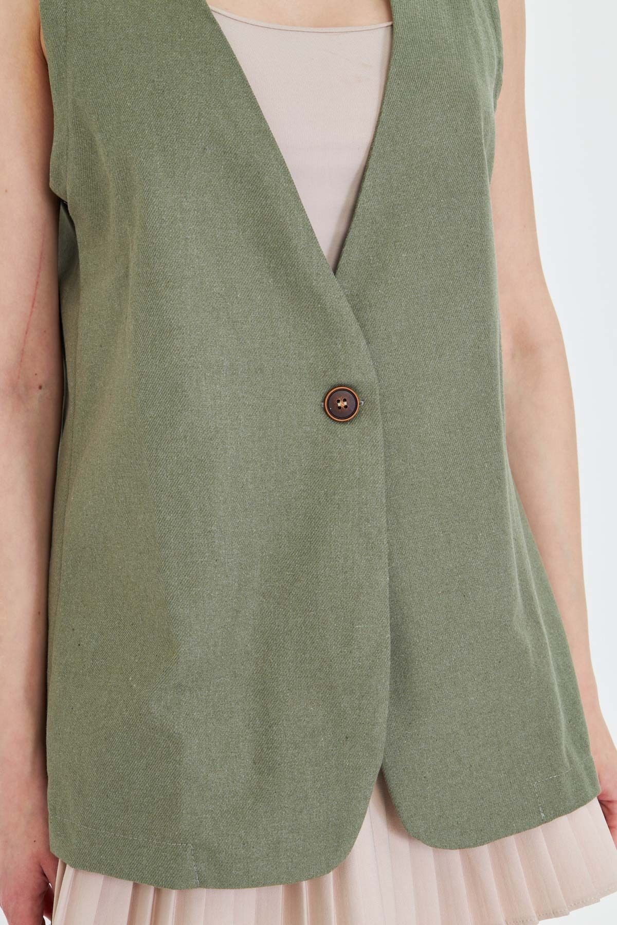 Kadın Haki V Yaka Tek Düğme Oversize Yelek ARM-25Y001036