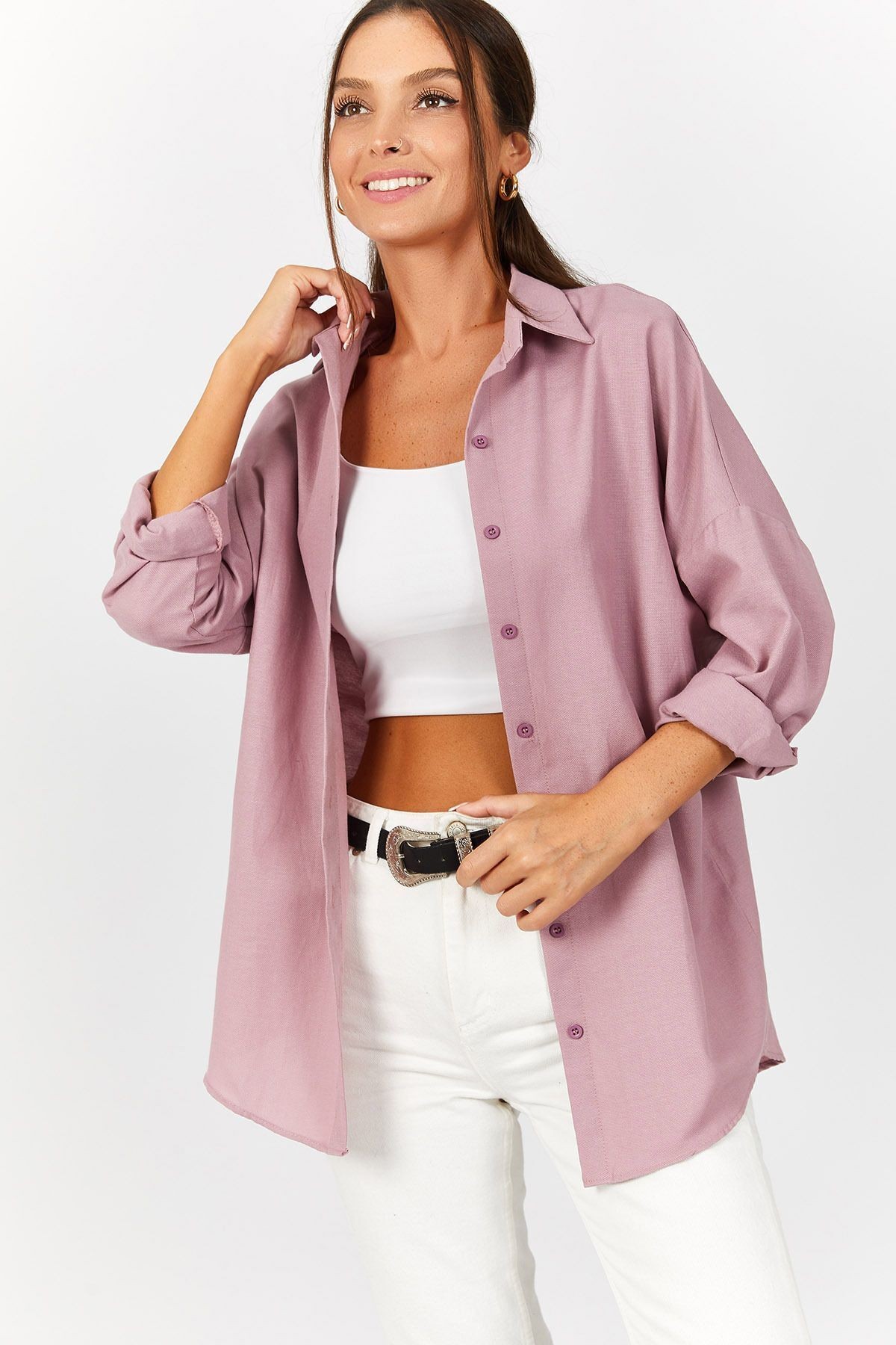 Kadın Pembe Oversize Uzun Basic Gömlek Arm-22y001118