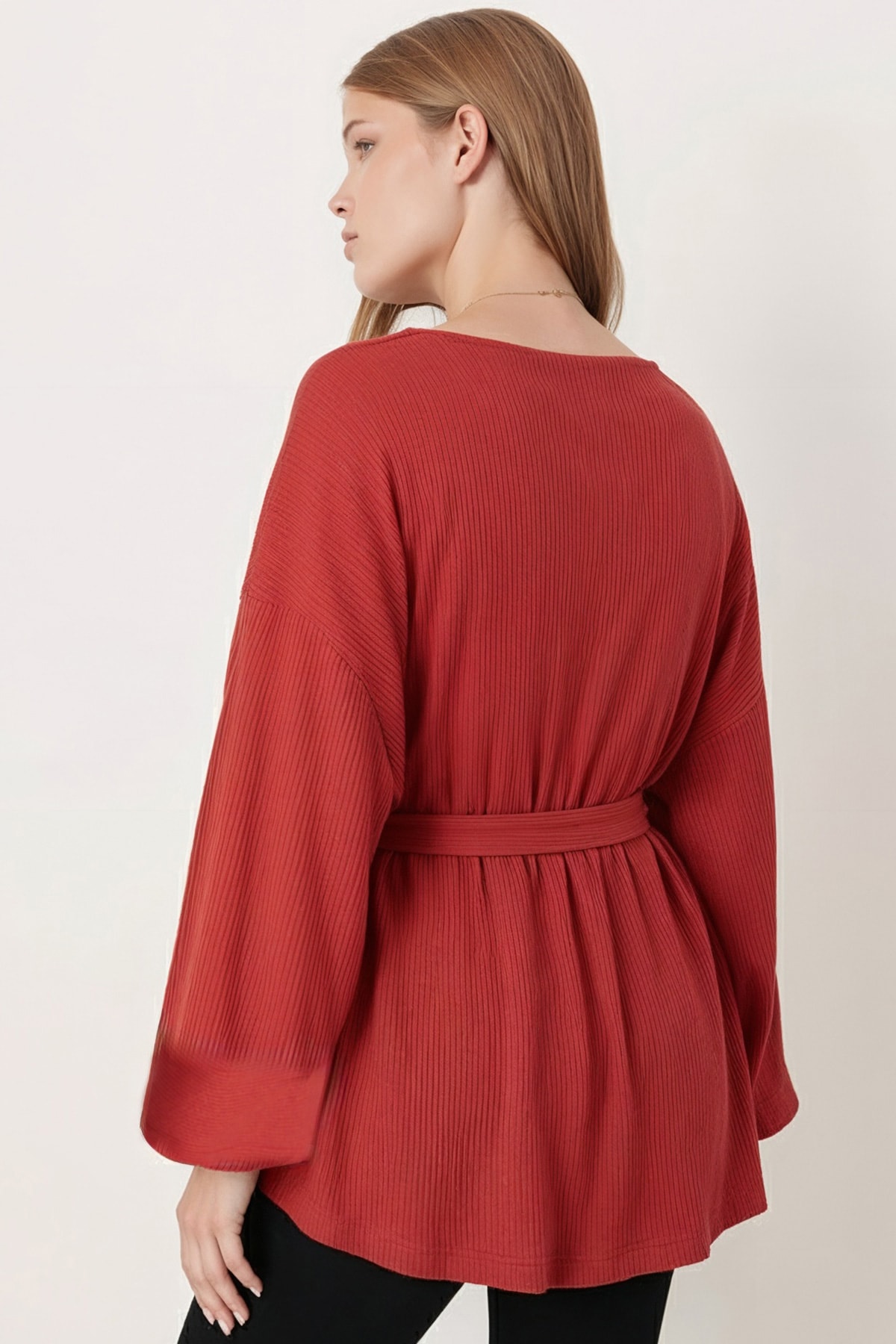 Kadın Nar Çiçeği Kemerli Triko Kimono ARM-26K001011