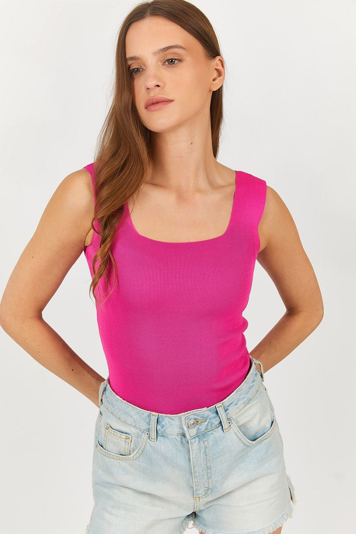 Kadın Fuşya Kalın Askılı Kaşkorse Bluz Arm-23y069001