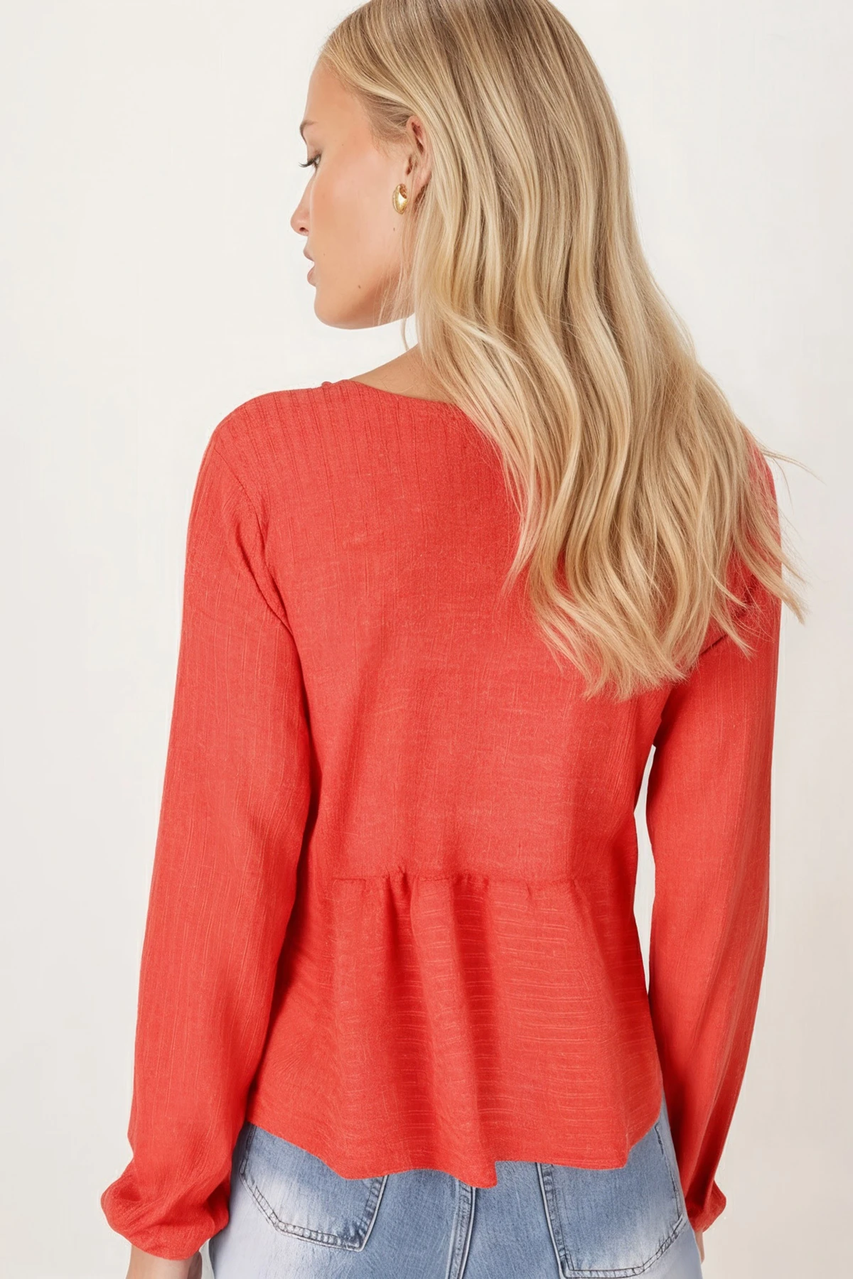 Kadın Oranj V Yaka Yumuşak Dokulu Önü Bağlamalı Kolları Lastikli Triko Hırka ARM-26K001010