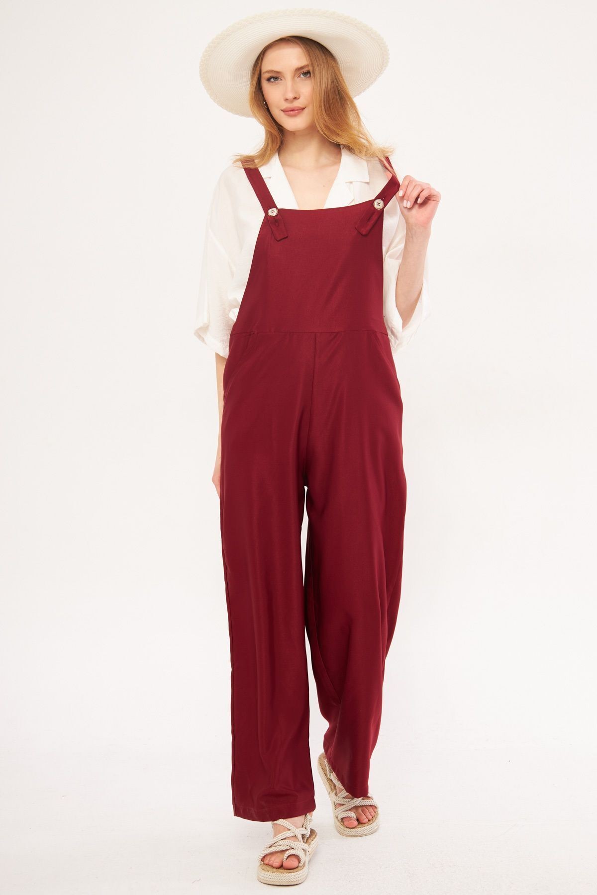 Kadın Bordo İkosi Tulum Cepli Geniş Paçalı Bahçıvan Model ARM-24Y001043