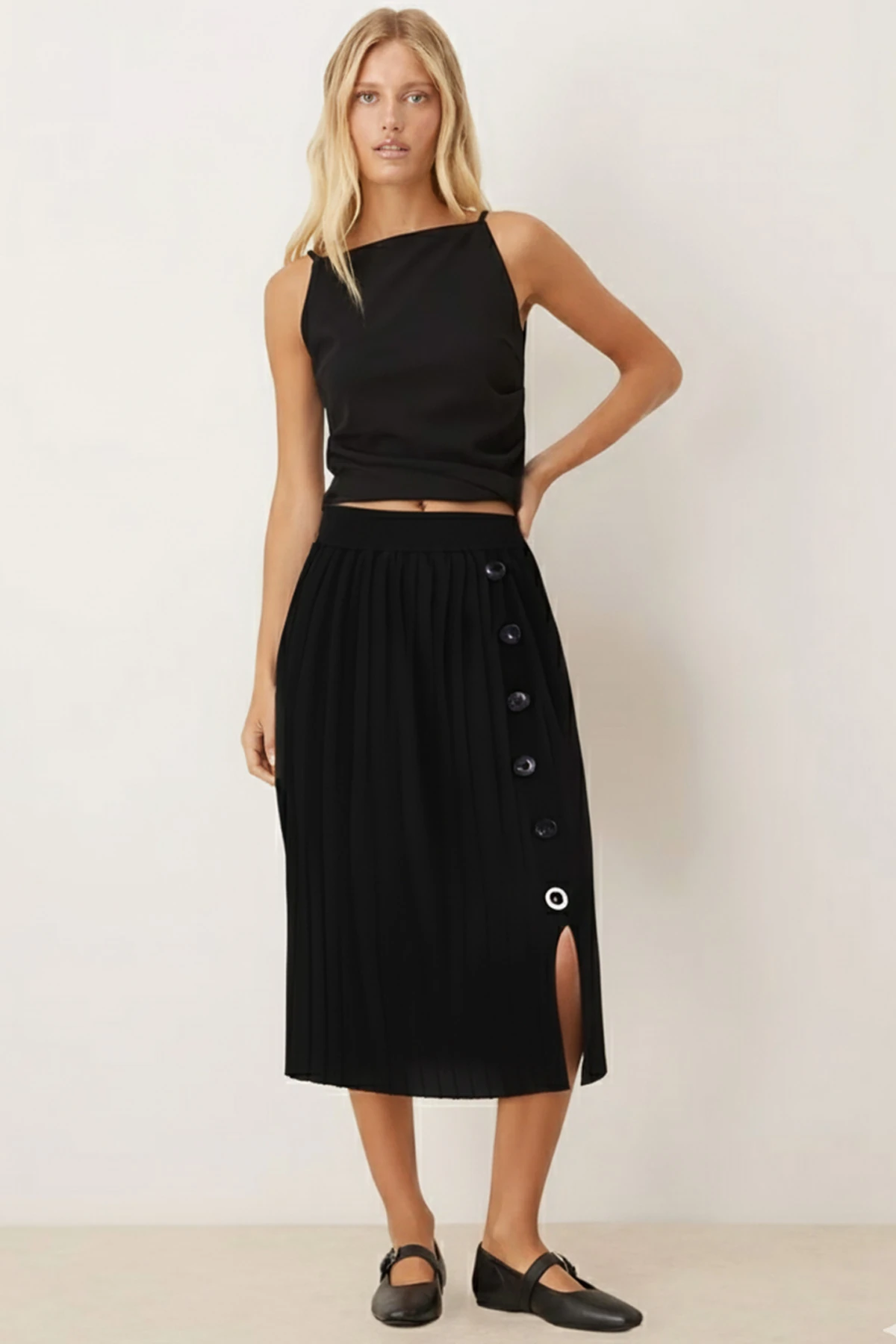 Kadın Siyah Yandan Düğme Detaylı Triko Etek ARM-26K136021