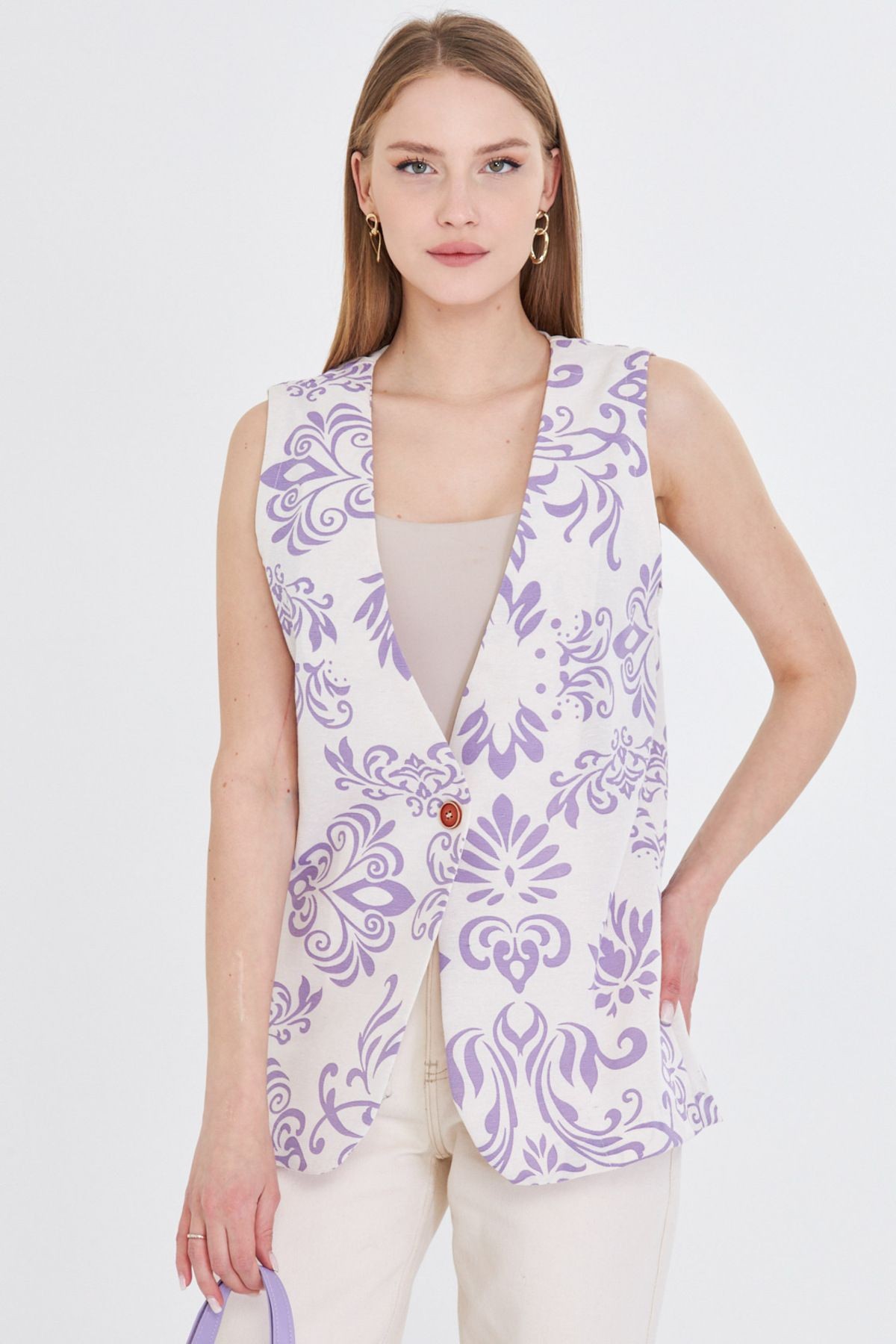 Kadın Lila V Yaka Tek Düğme Oversize Desenli Yelek ARM-25Y001032