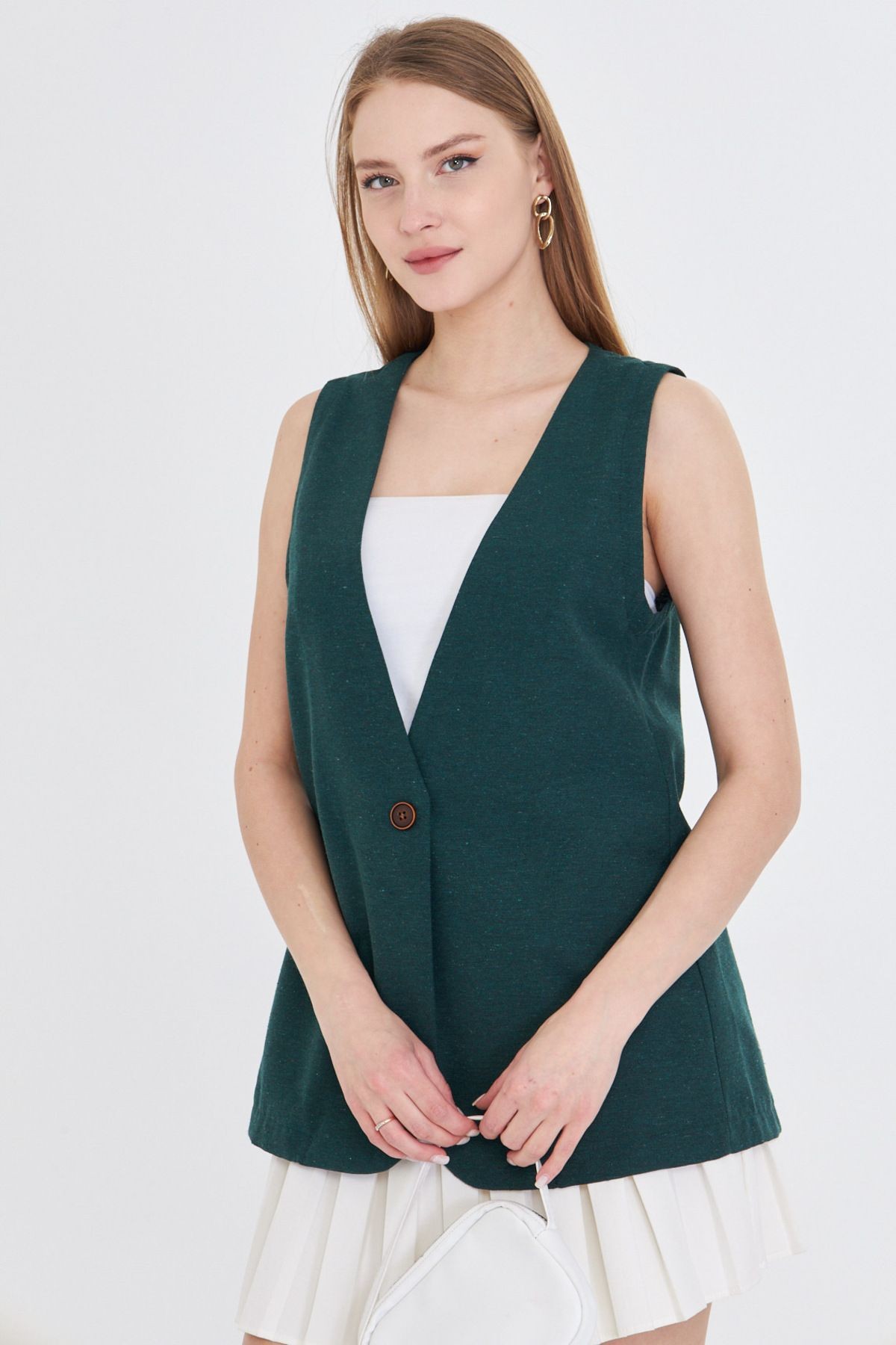 Kadın Zümrüt V Yaka Tek Düğme Oversize Yelek ARM-25Y001036