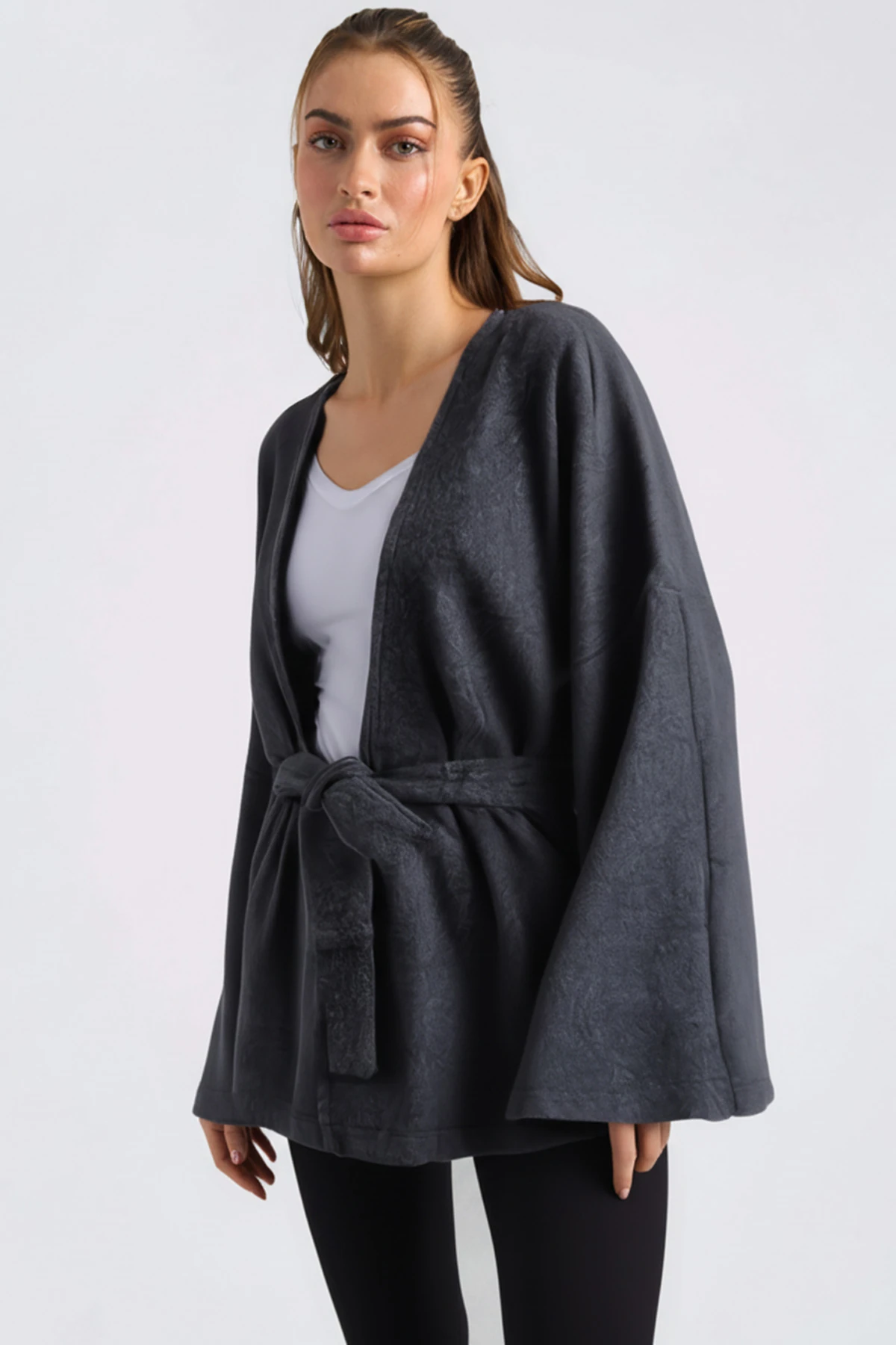 Kadın Antrasit V Yaka Kuşaklı Kaşe Kimono ARM-26K001049