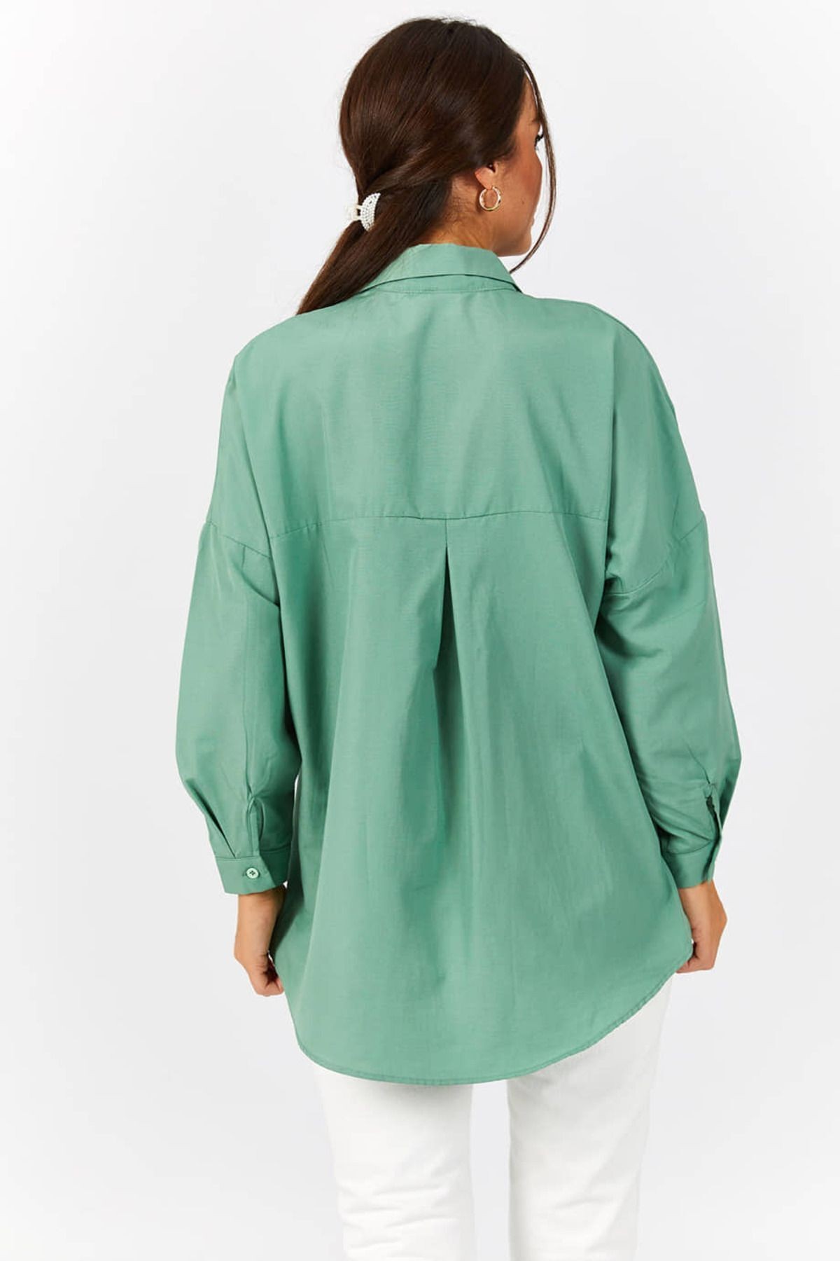Kadın Çağla Yeşili Oversize Uzun Basic Gömlek Arm-22Y001118