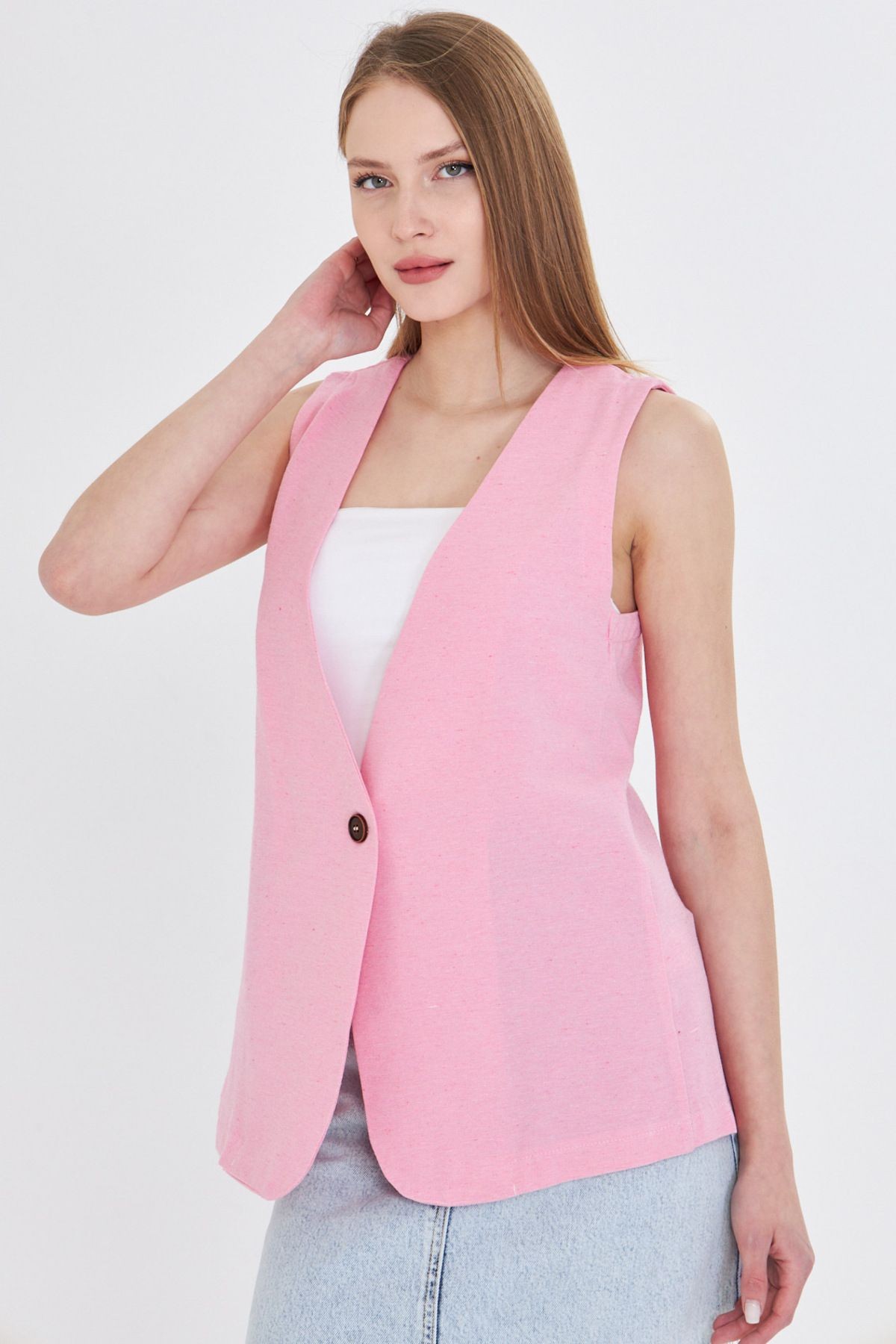 Kadın Pembe V Yaka Tek Düğme Oversize Yelek ARM-25Y001036