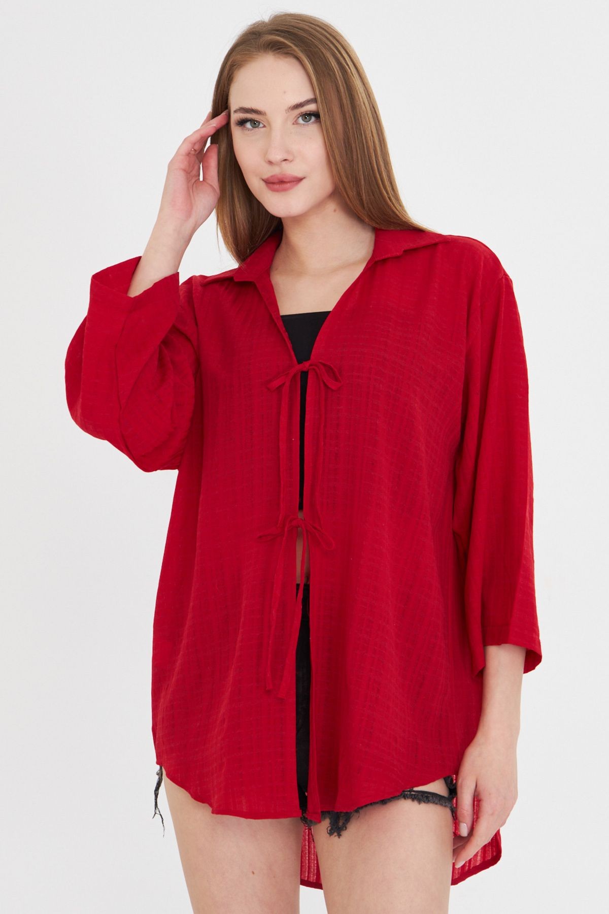 Kadın Kırmızı Gömlek Yakalı Önden Bağcıklı Kimono Gömlek ARM-25K001006