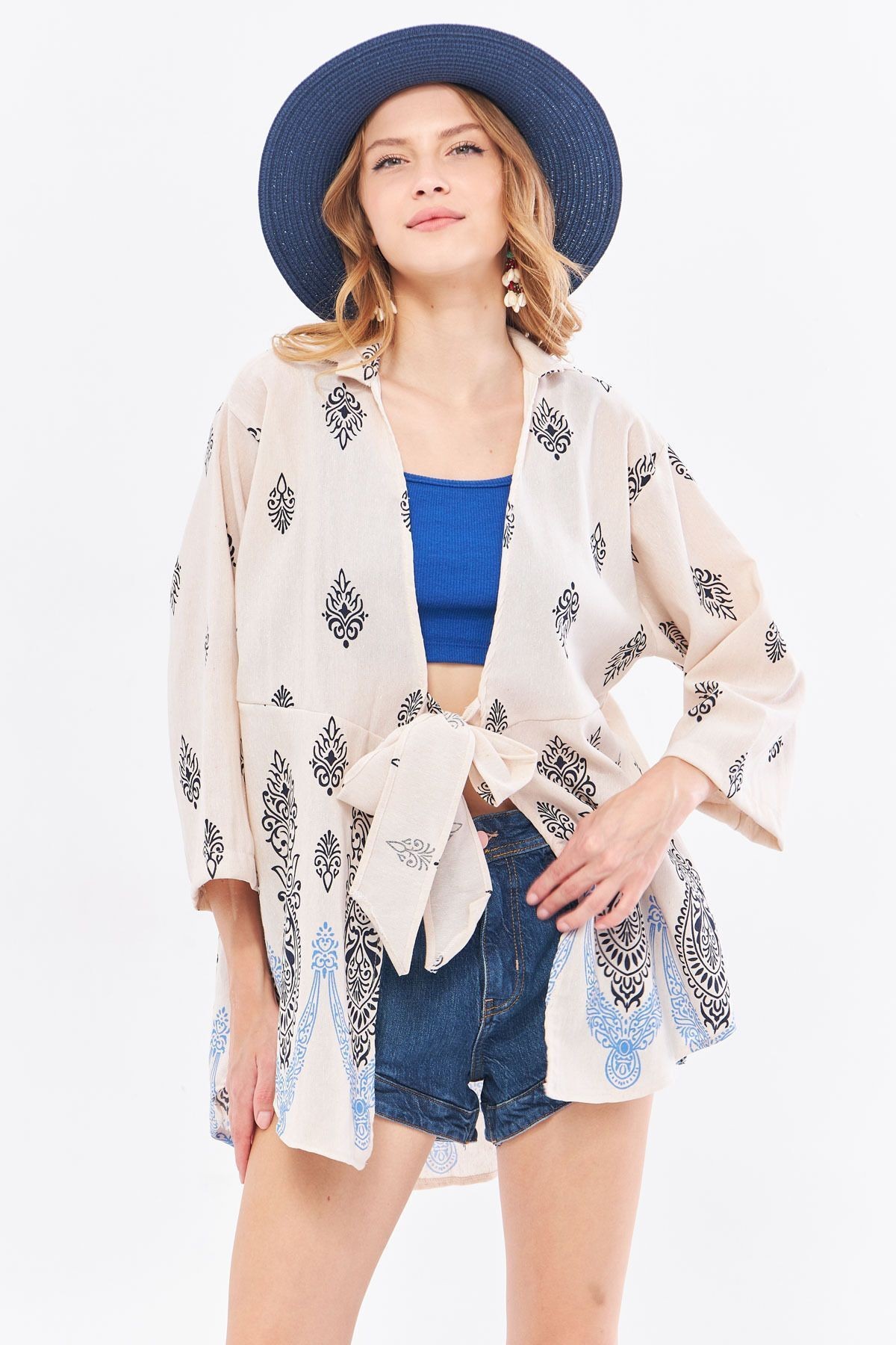 Kadın Koyu Lacivert Desenli Keten Görünümlü Eteği Sulu Önden Bağlamalı Kimono Gömlek ARM-24Y001092