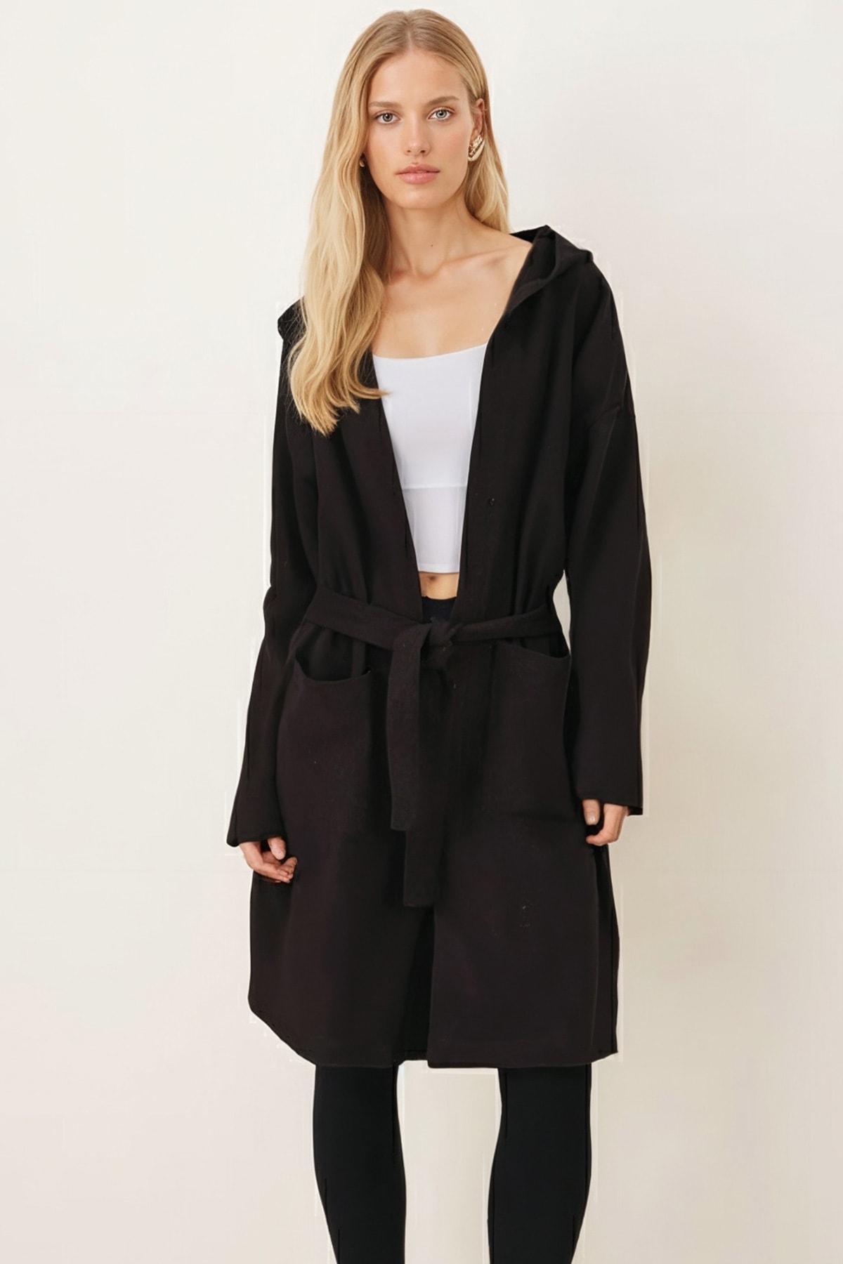 Kadın Kahve Beli Kuşaklı Cepli Kapüşonlu Oversize Kaşe Kaban ARM-26K001025